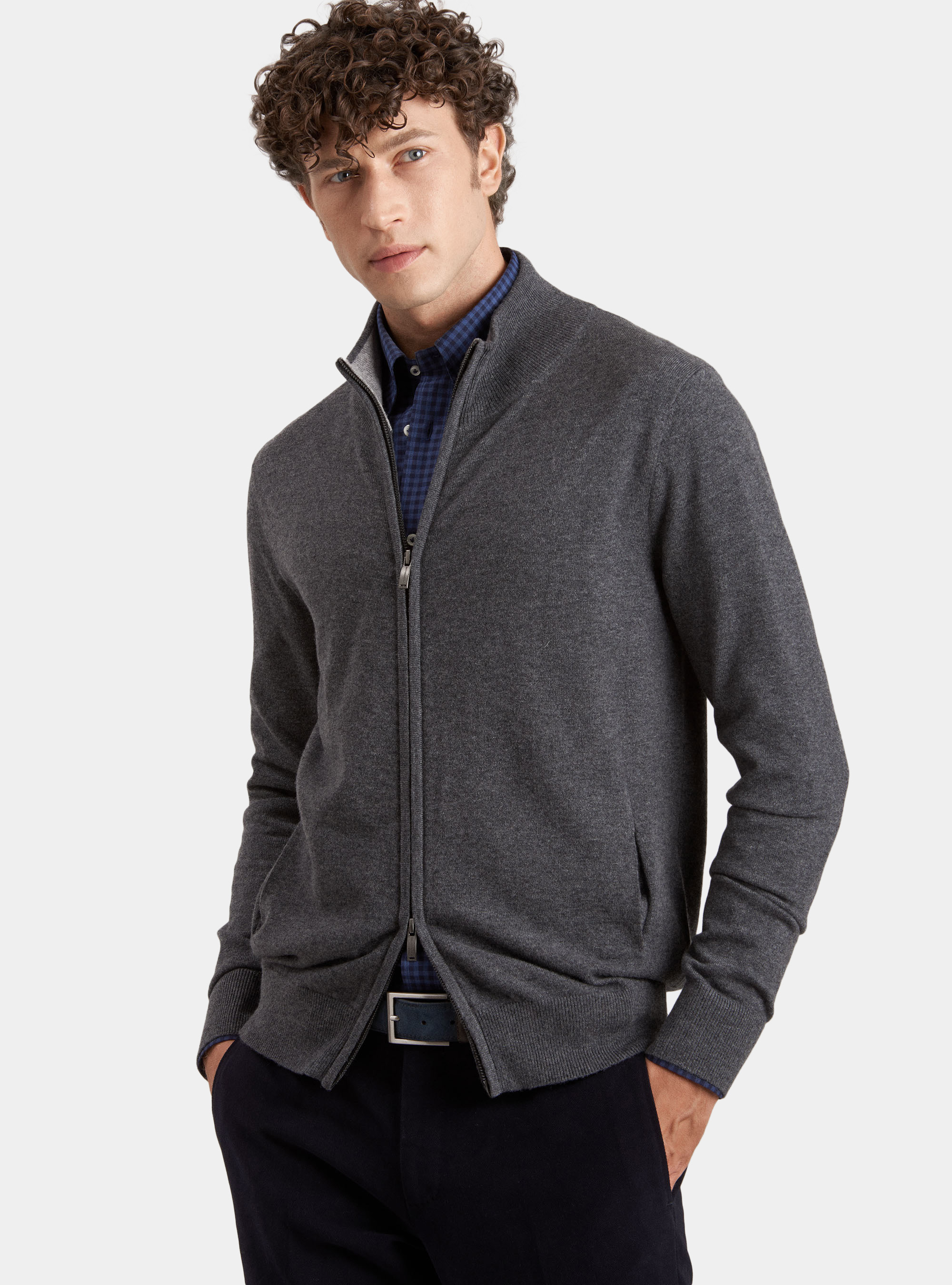 Cardigan full zip in lana cashmere, ASFALTO