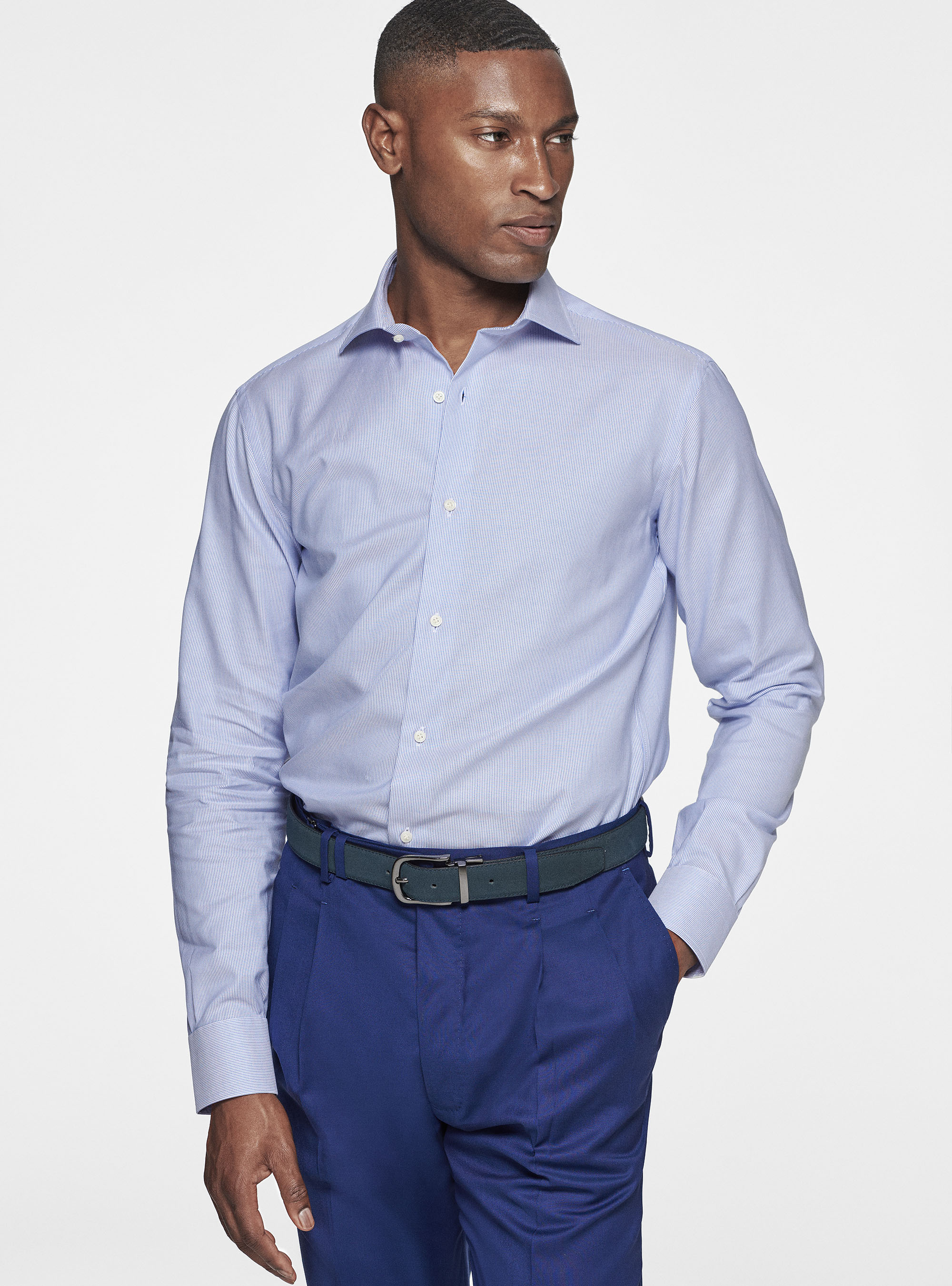 Striped shirt in textured cotton, BLUE