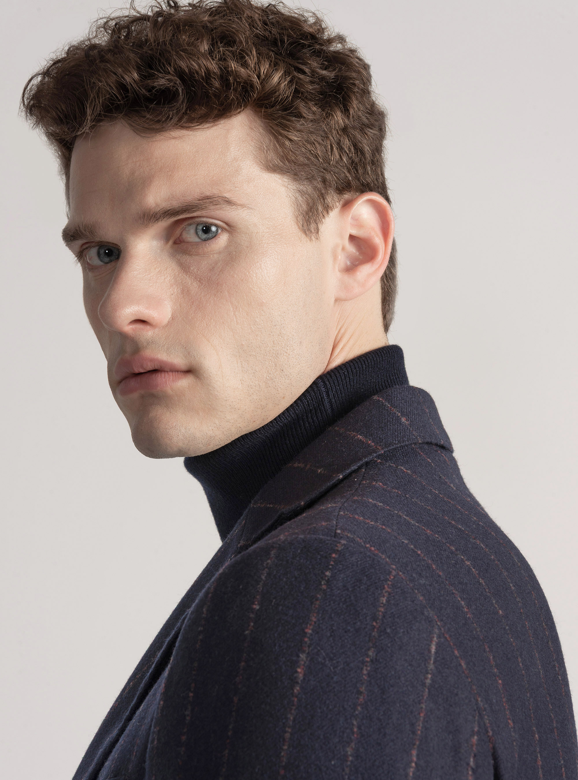 Americana de traje de raya diplomática de lana de cachemira, AZUL MARINO