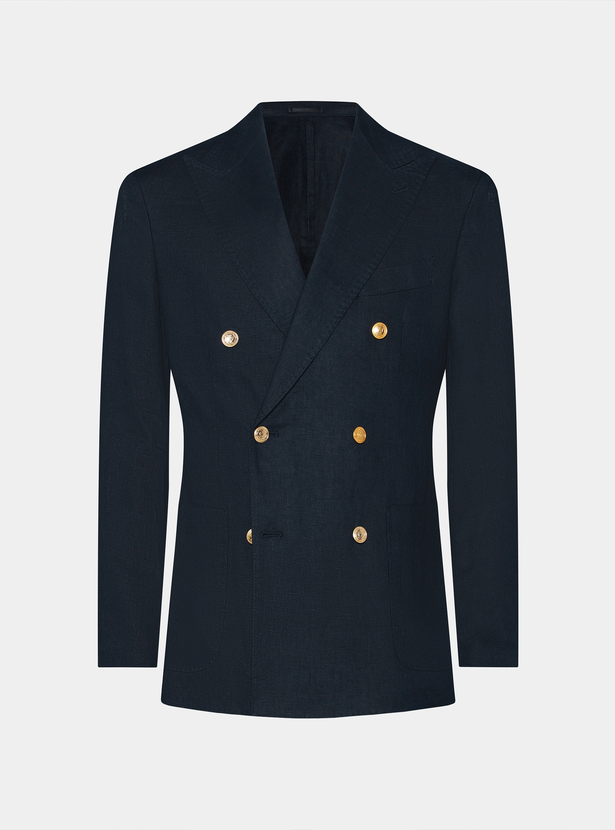 Double-breasted linen blazer with metal button, NAVY BLUE