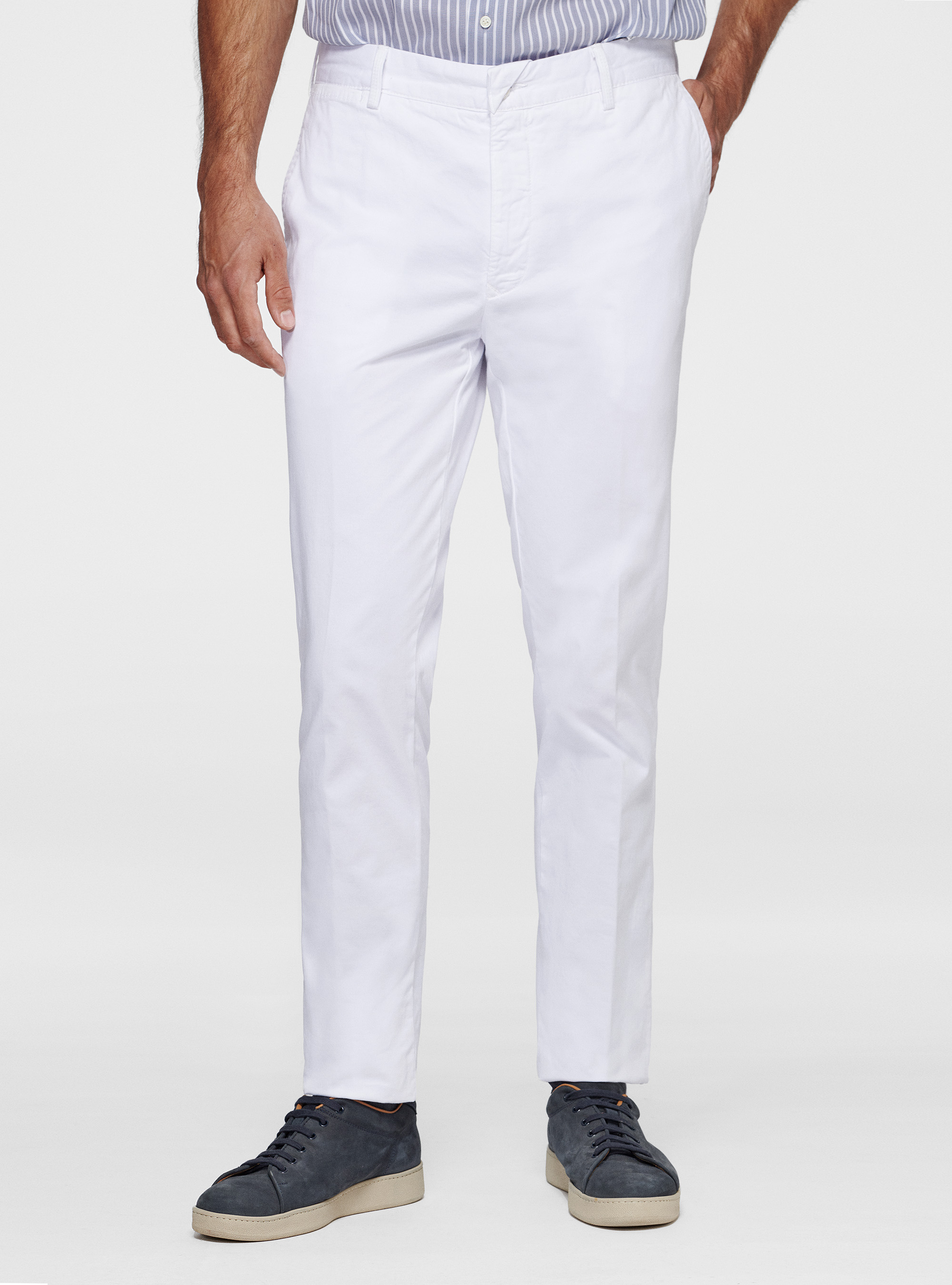 Pantaloni slim fit in twill stretch, BIANCO