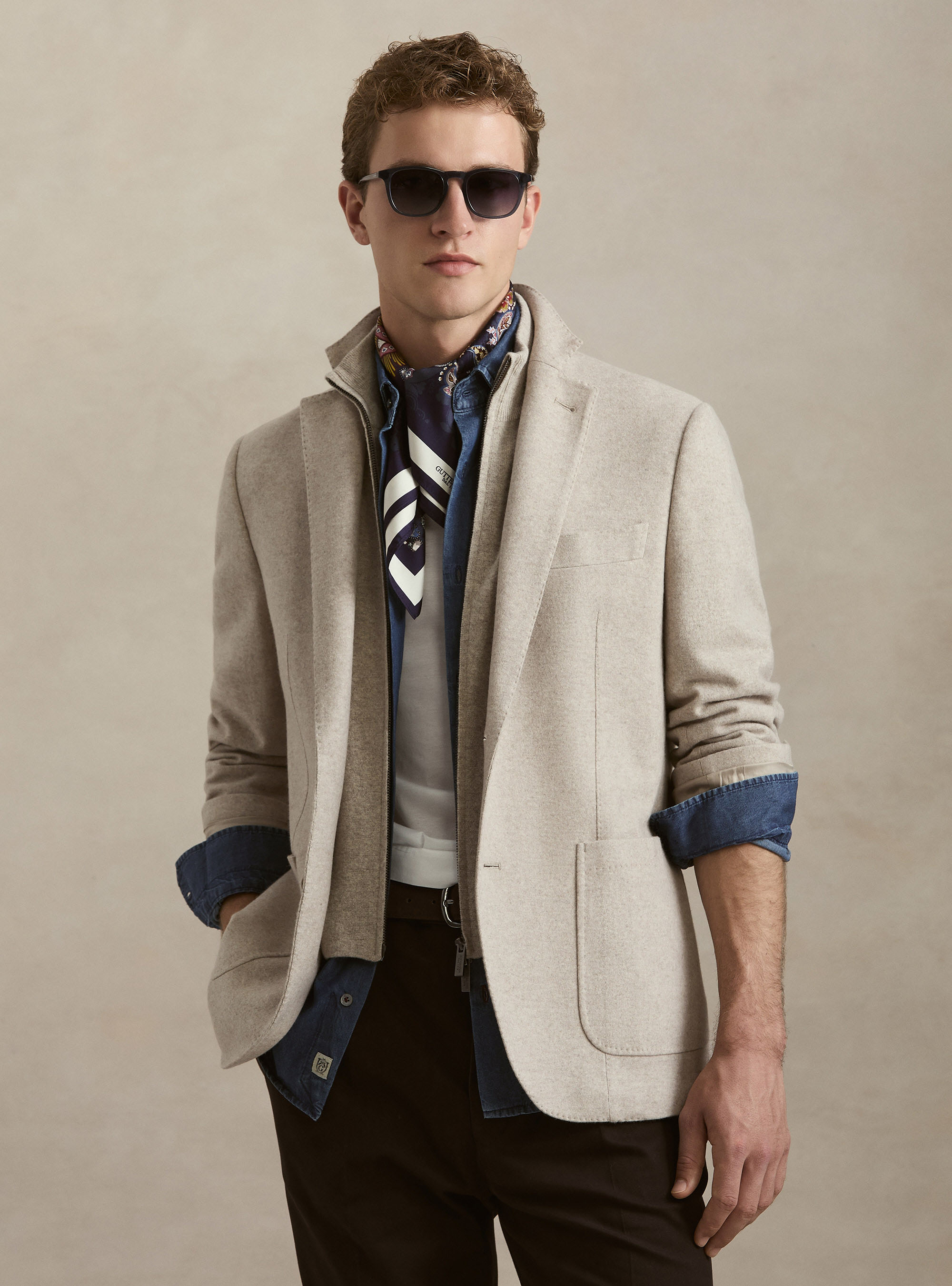 M&eacute;lange Wool-Blend Jersey Jacket with Internal Bib, ECRU