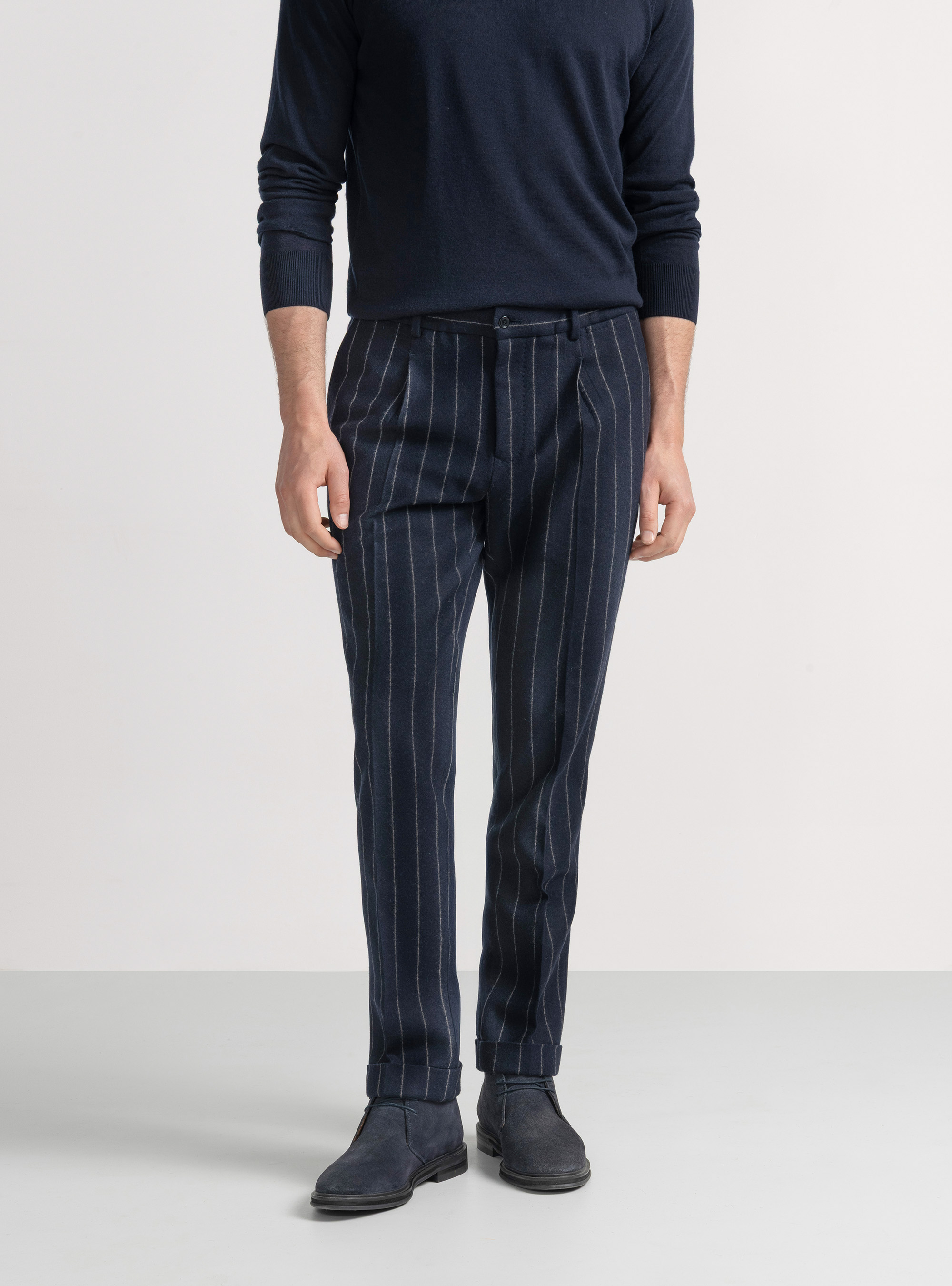 Pantalon de costume à double boutonnage en jersey à rayures, BLEU MARINE