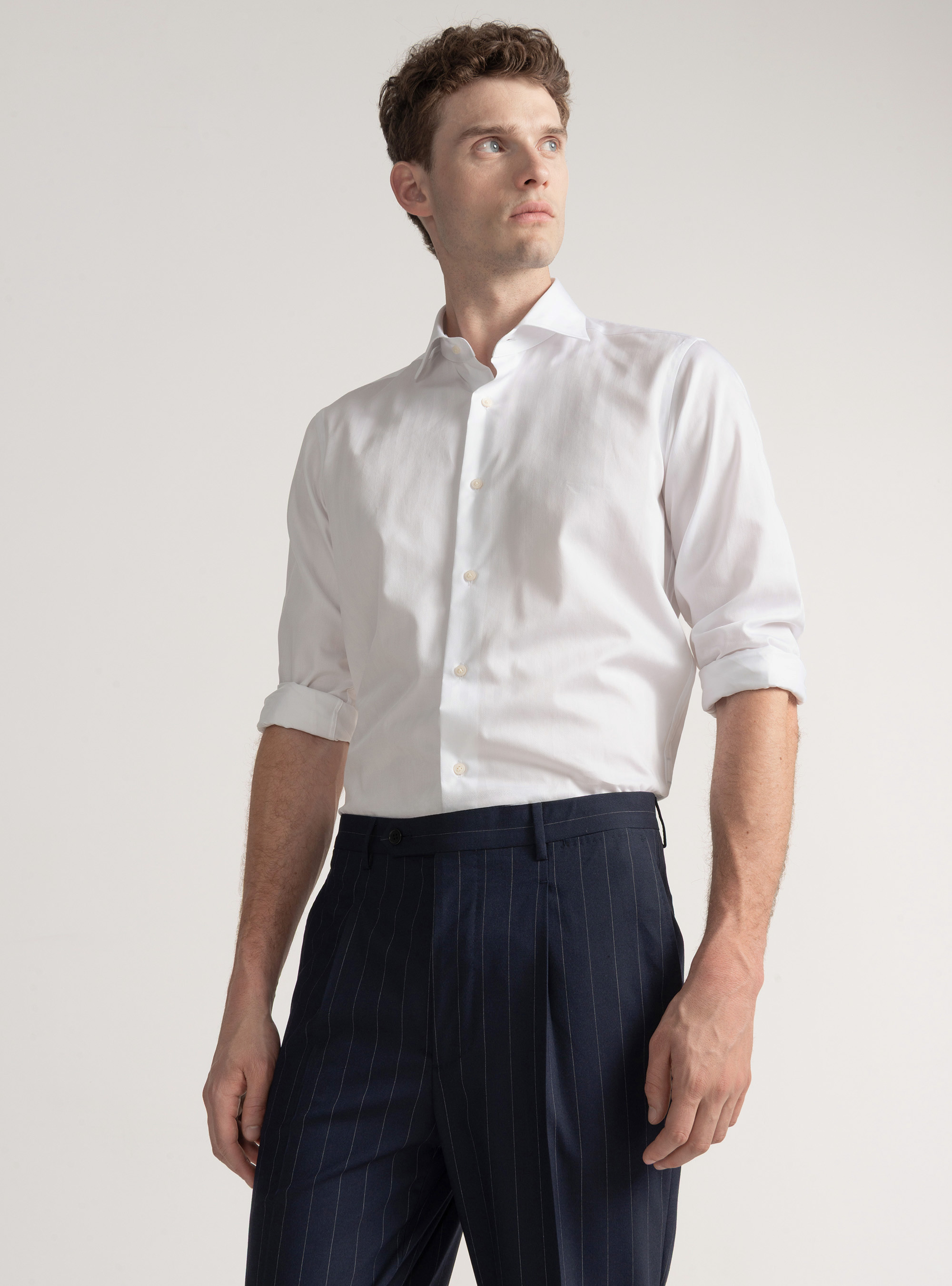 Camicia spigata in twill di cotone, BIANCO