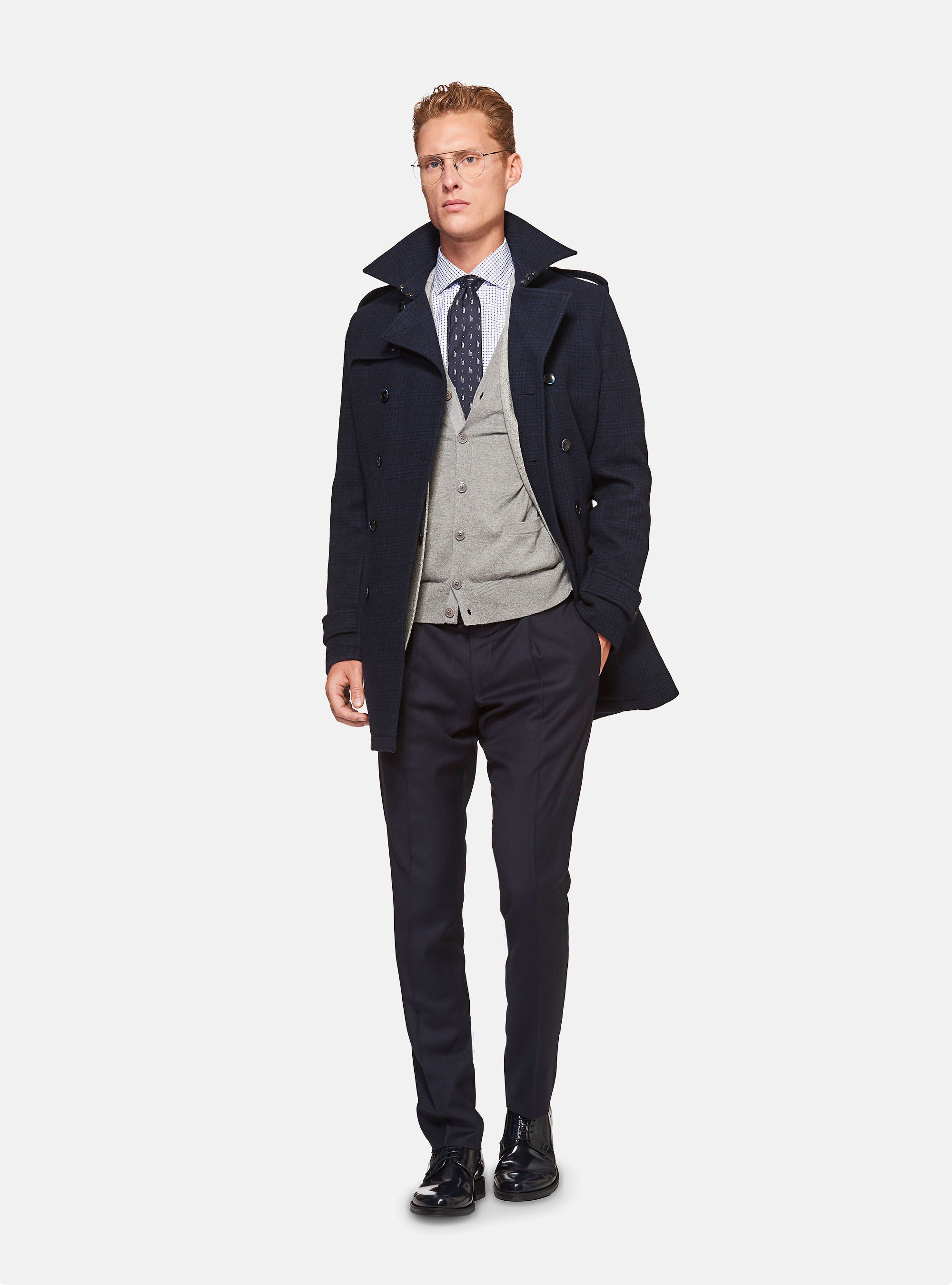 Trench doppiopetto in lana cashmere, BLU NAVY