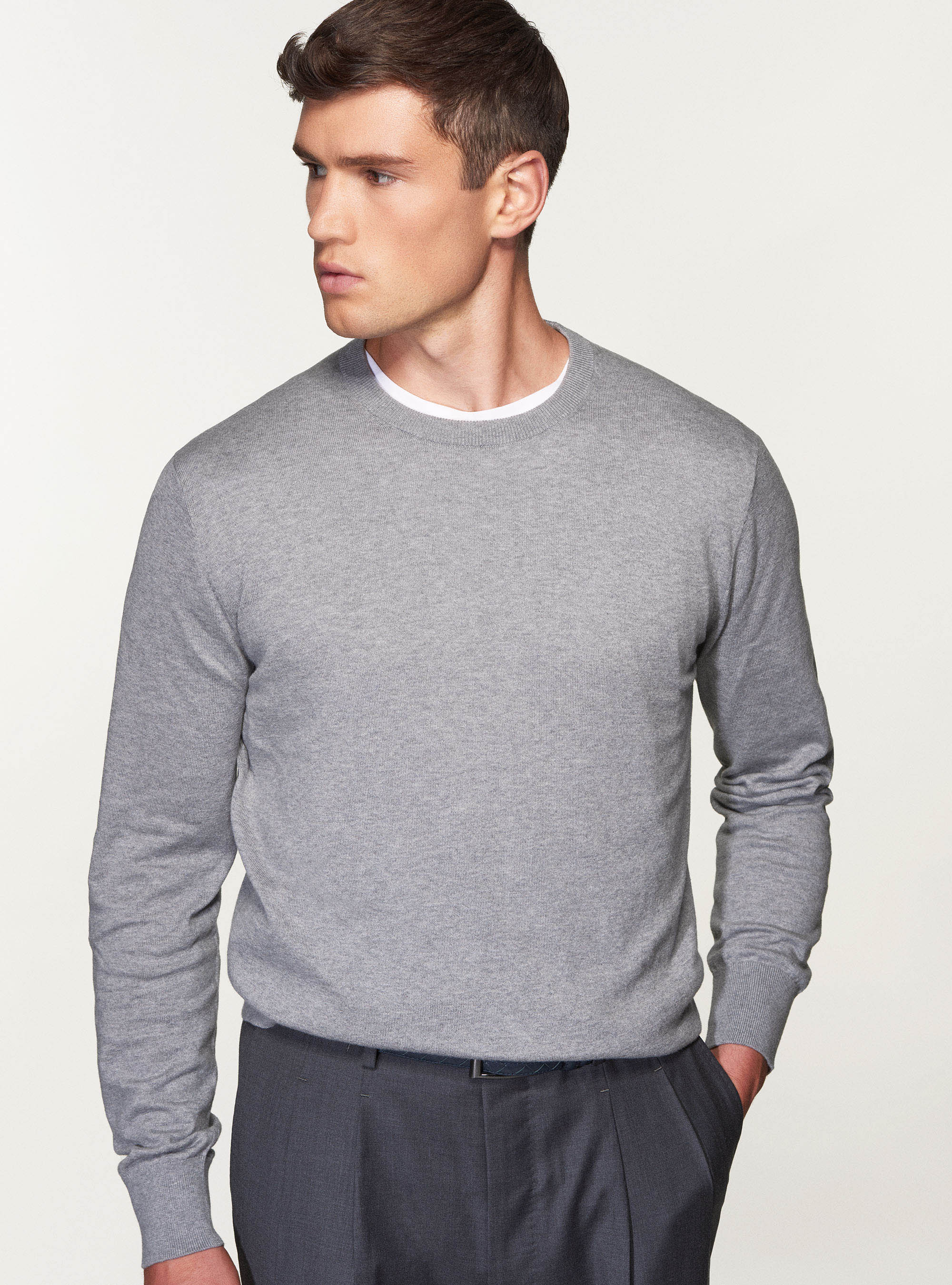 Maglia girocollo in cotone seta e cashmere, GRIGIO CHIARO MELANGE