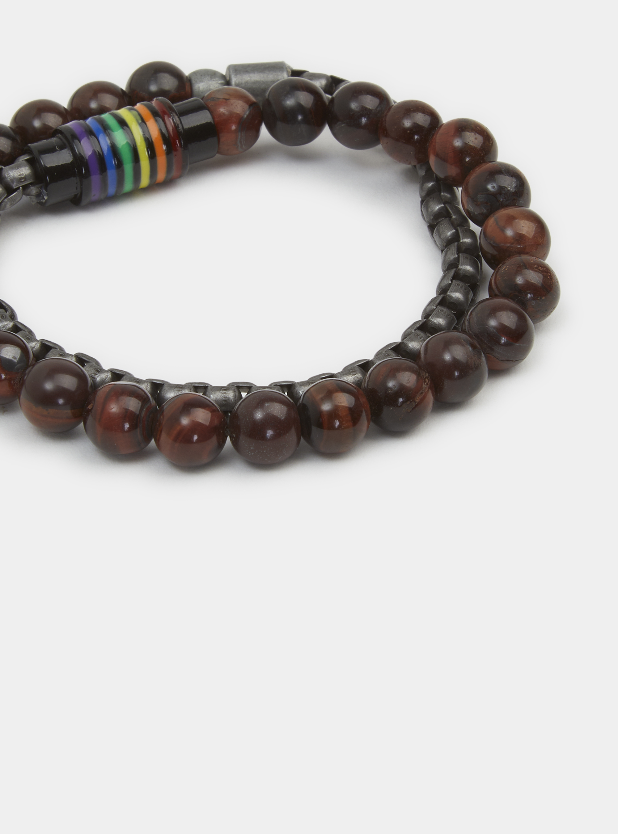 Bracciale doppio con metallo e sfere marroni, MARRONE