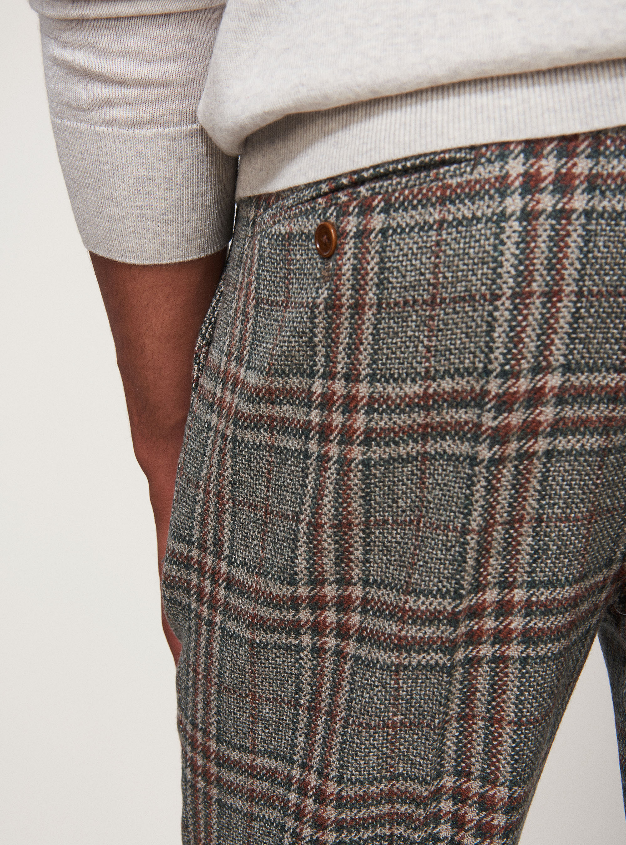 Pantaloni a quadri doppia pince in lana seta e lino