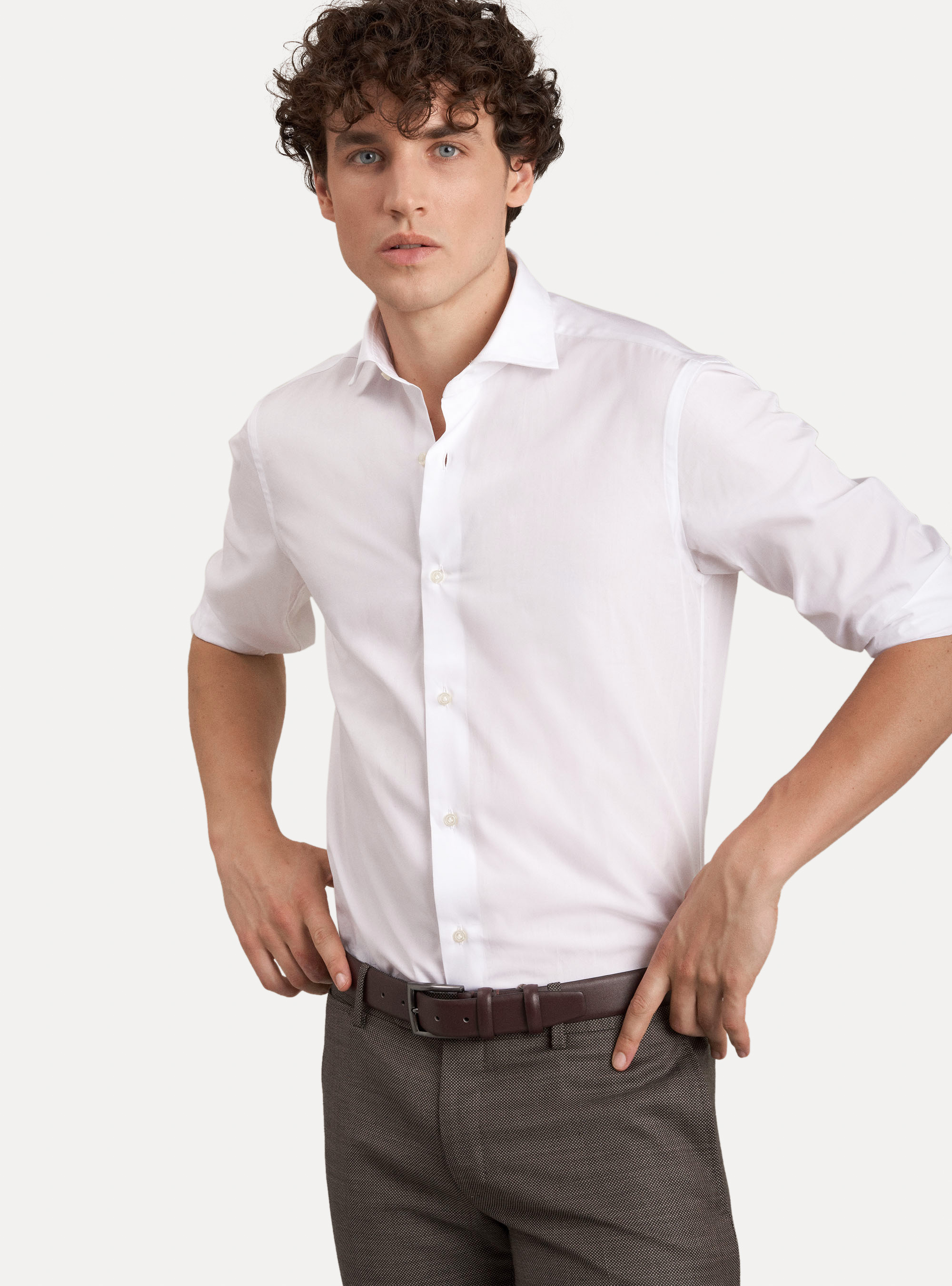 Camicia collo francese semiaperto in fil a fil di cotone, BIANCO