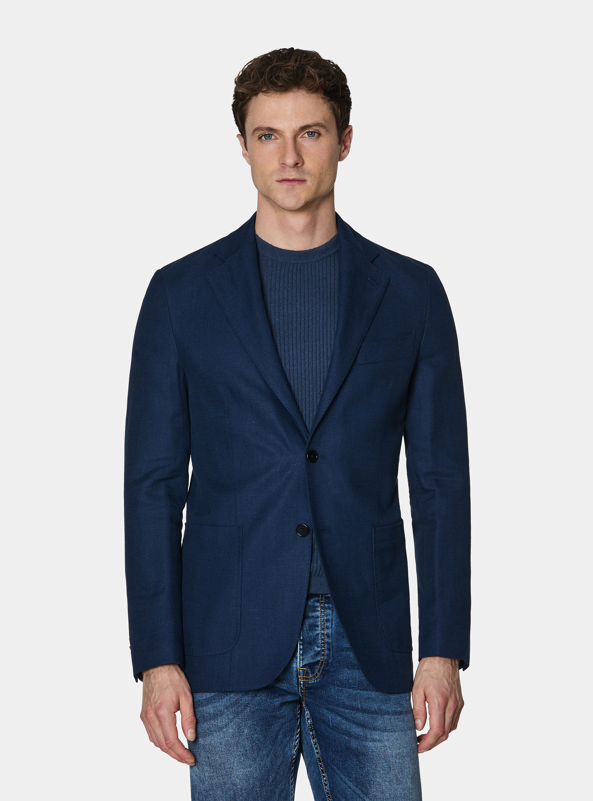 Giacca in cotone e lino fiammato, BLU NAVY