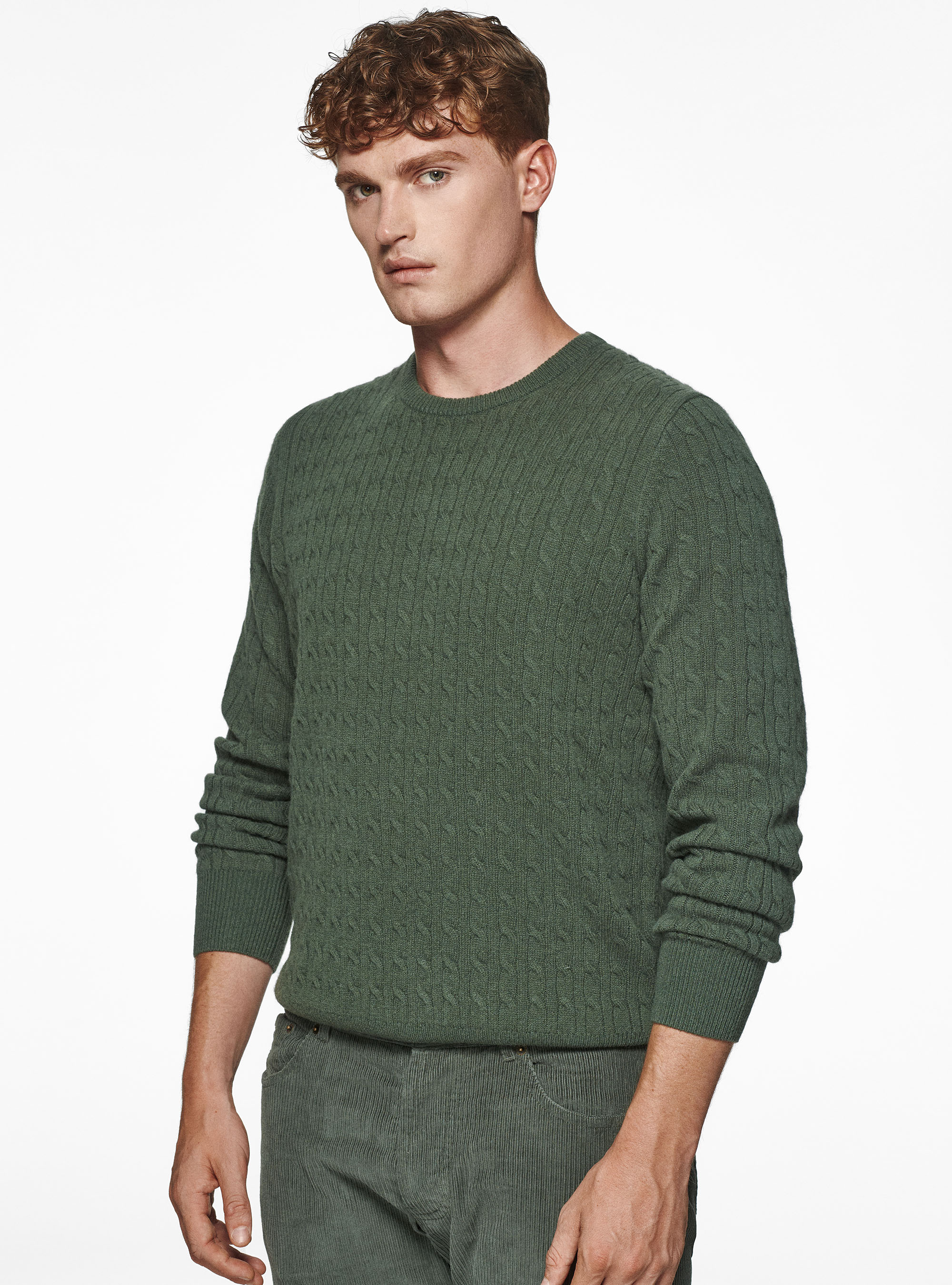 Maglia girocollo in lana cashmere a treccia, MILITARE 0609C