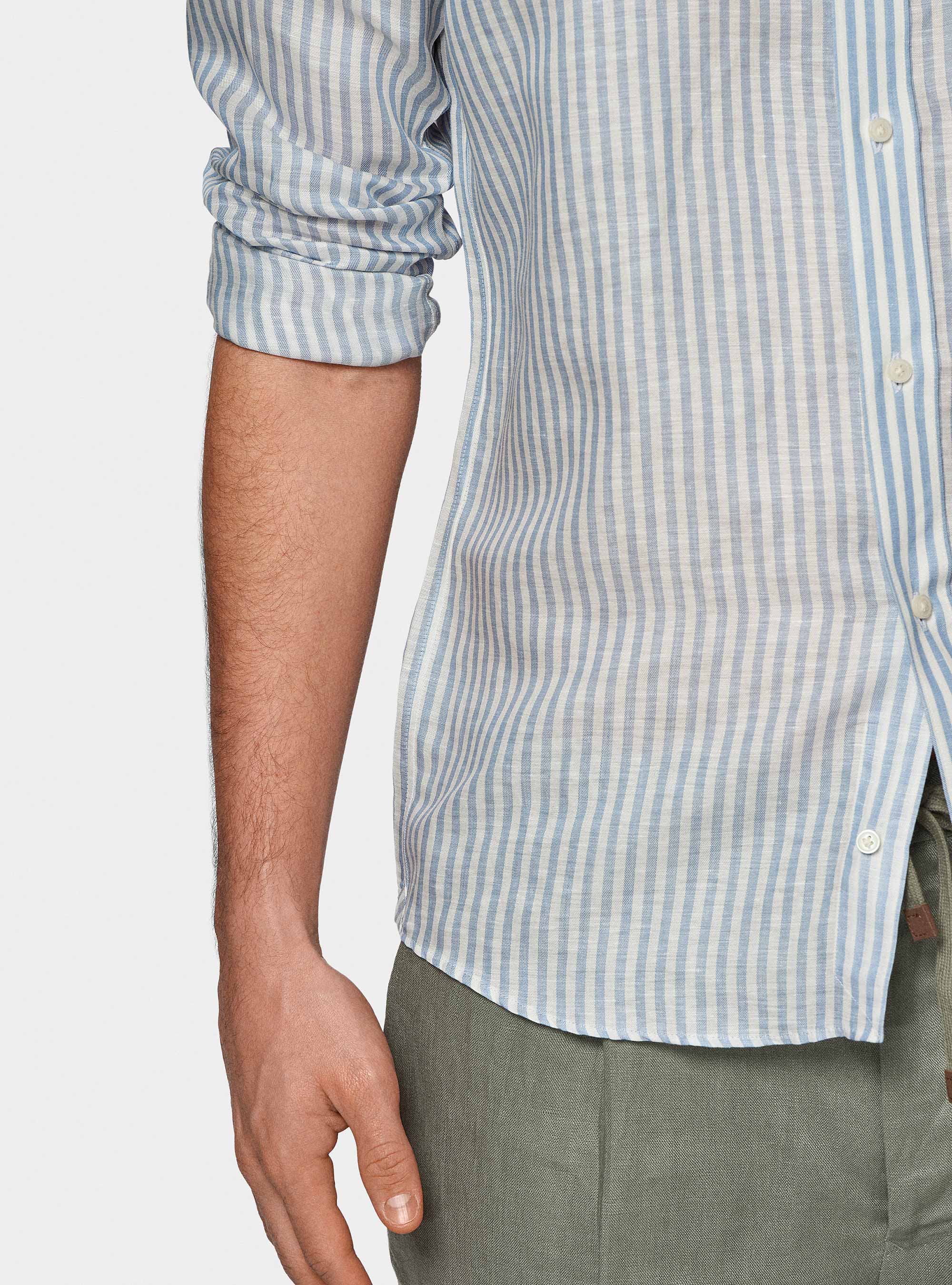 Camisa de rayas en mezcla de lino, CELESTE