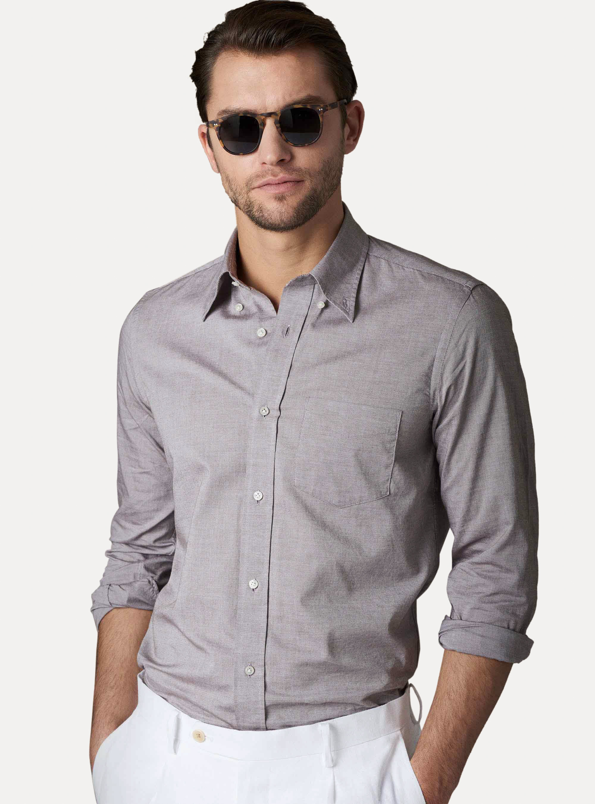 Camicia collo button down in oxford lavato, MARRONE