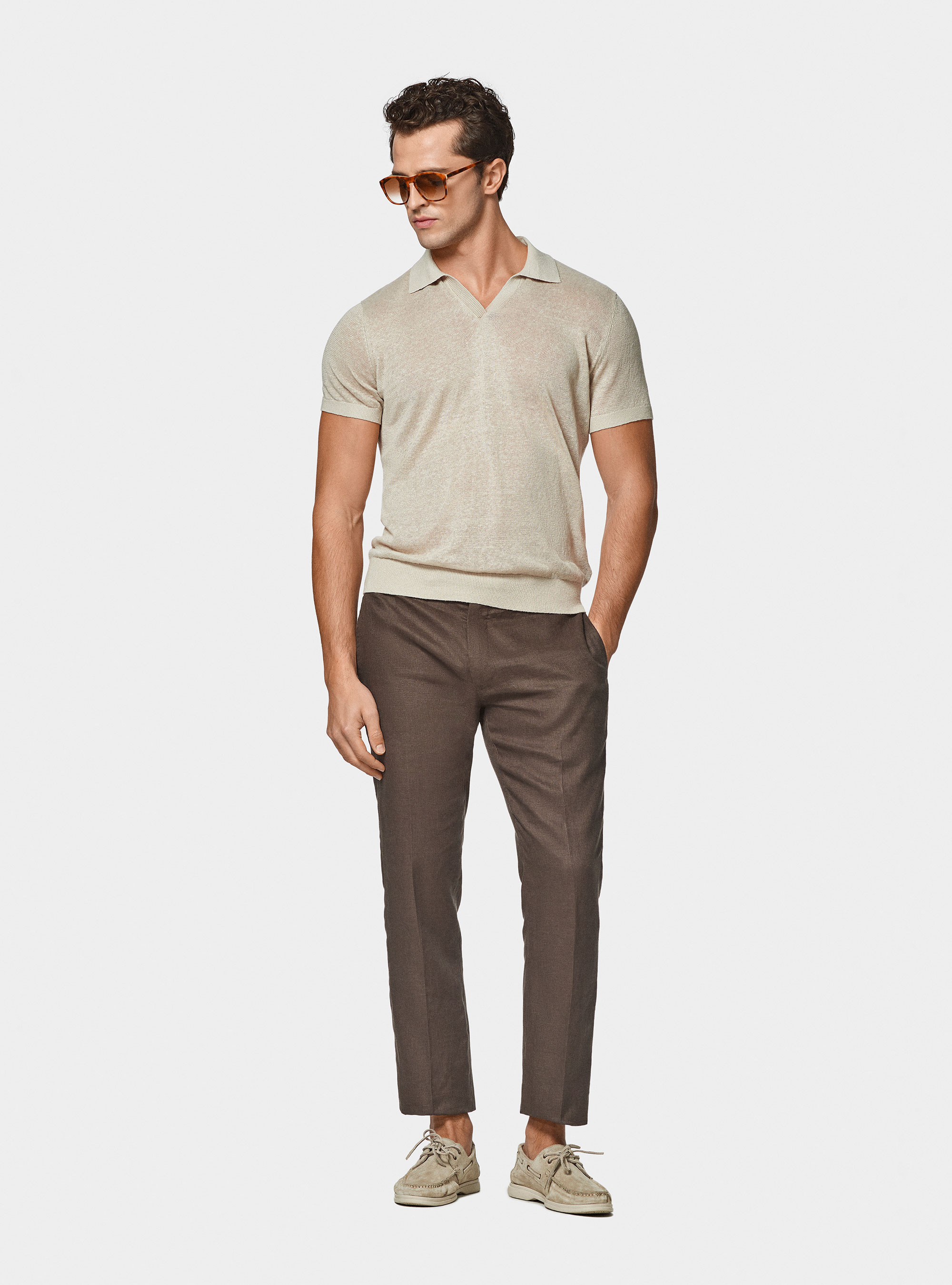 Polo in maglia senza bottoni in puro lino, ECRU