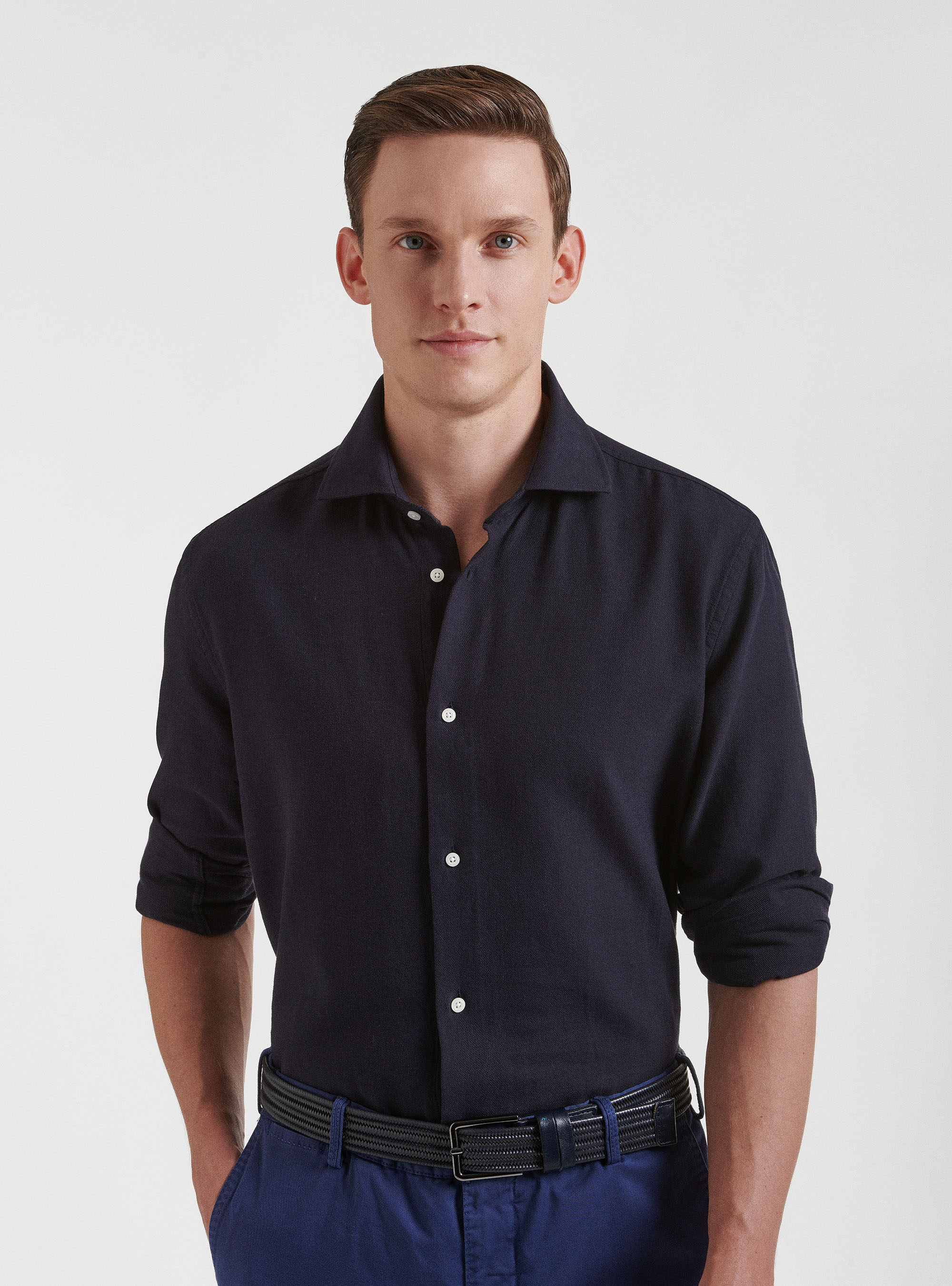 Semi-French collar shirt in pure gauzed cotton, NAVY BLUE