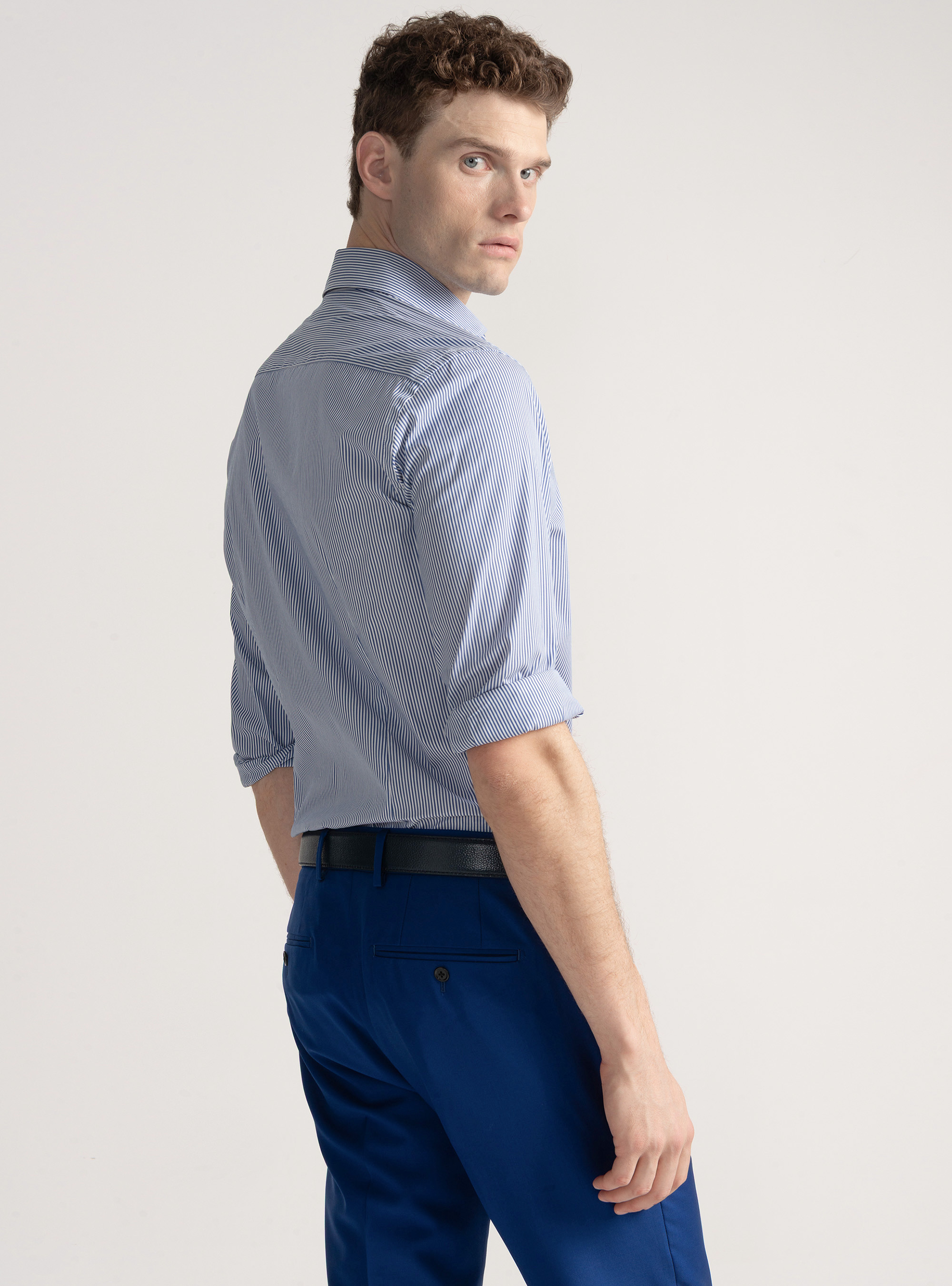 Camicia in cotone rigato popeline stretch, BLU