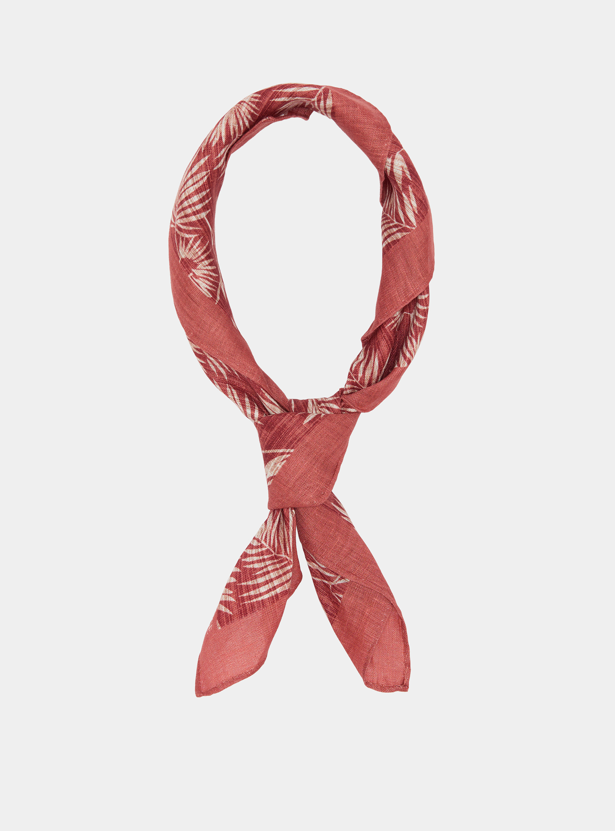 Foulard stampato con fantasia foglie in lino, TERRACOTTA