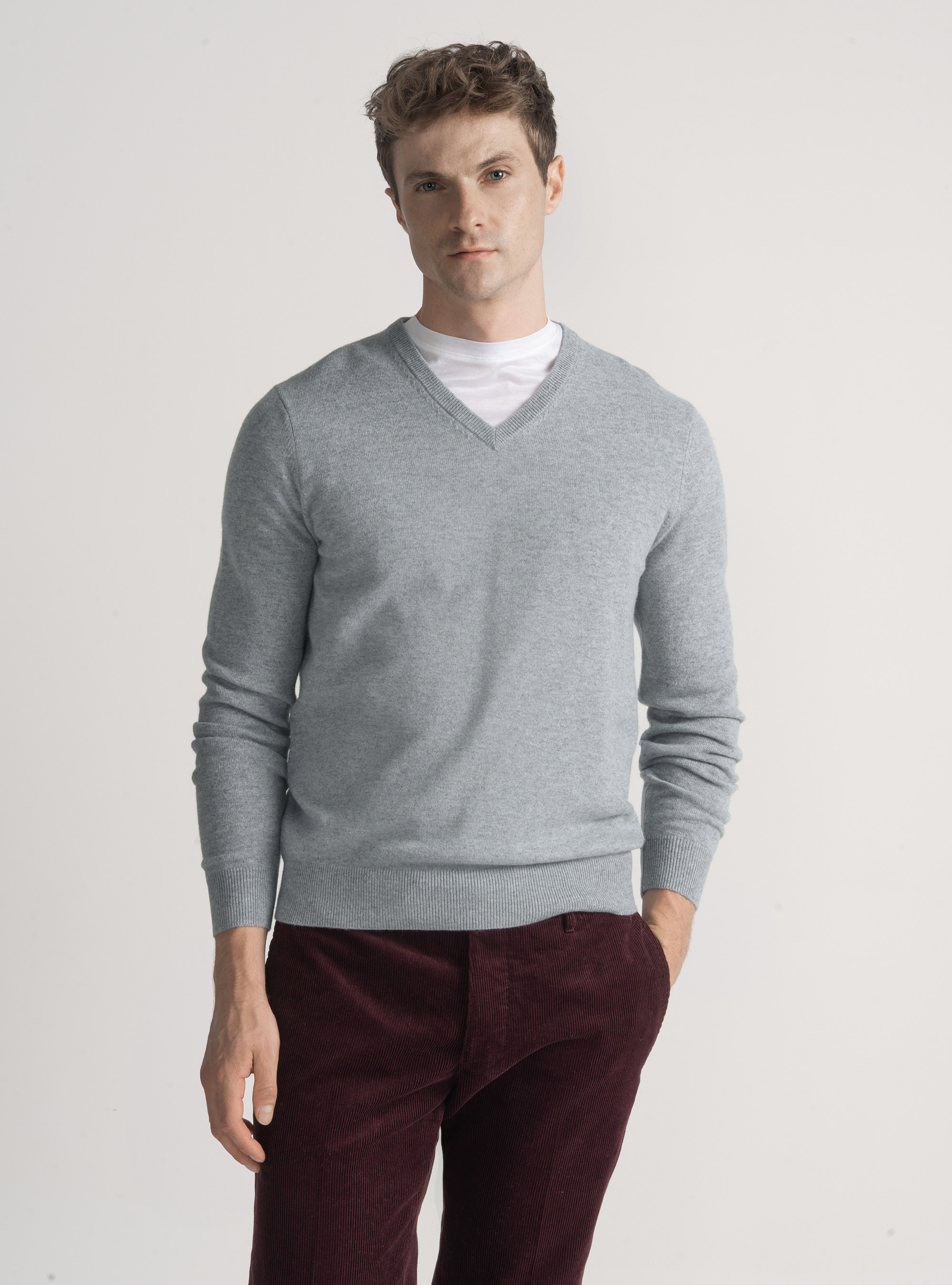 Maglia scollo a V in lana merino, GRIGIO MELANGE 0151C