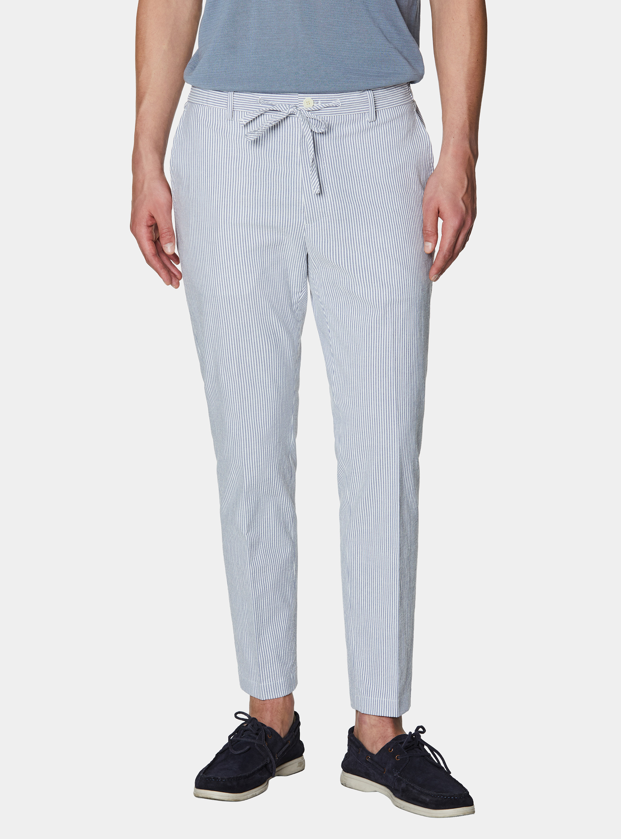 Pantaloni rigati con coulisse in misto cotone seersucker