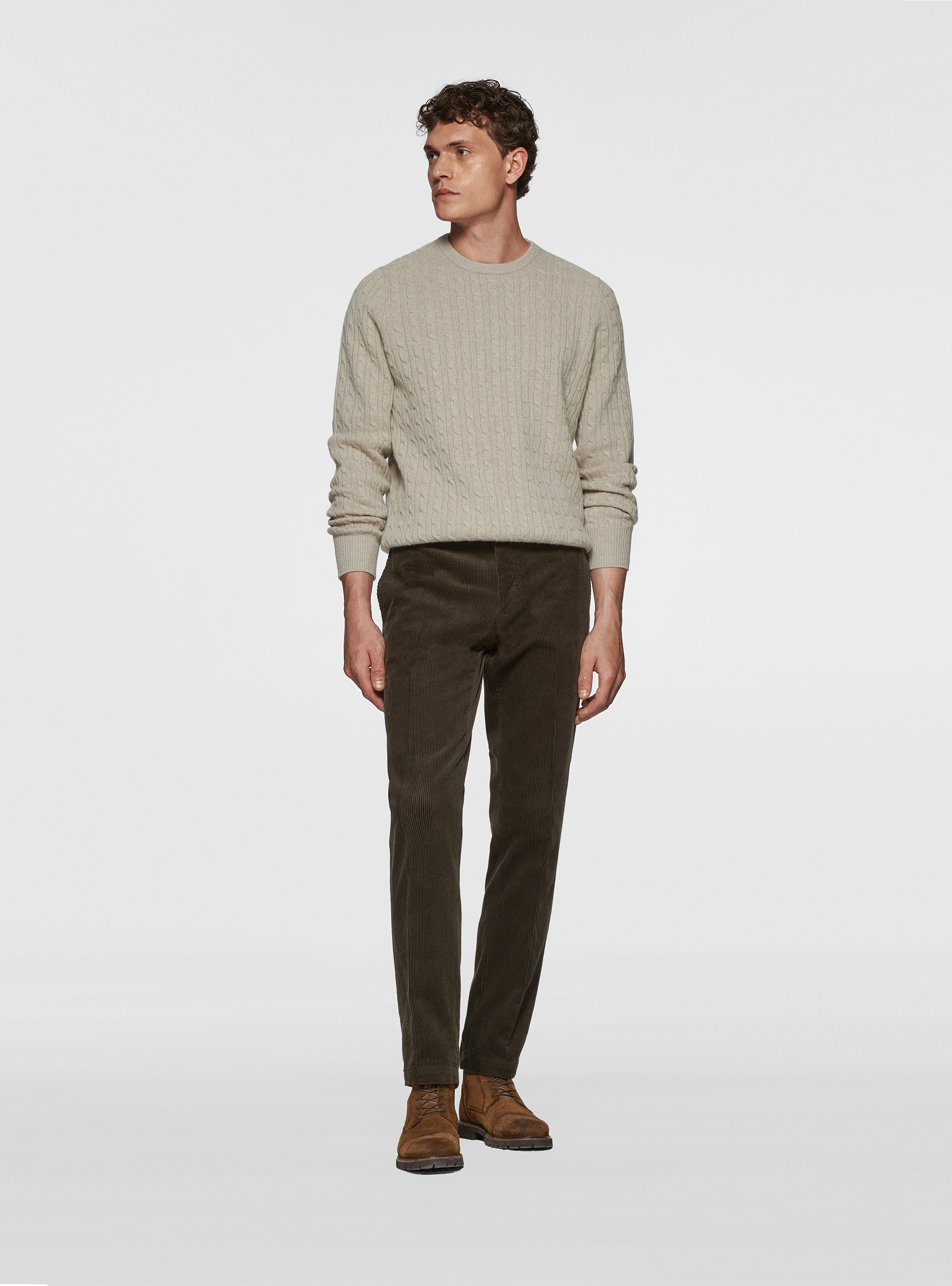 Maglia girocollo con treccia in lana e cashmere, ECRU