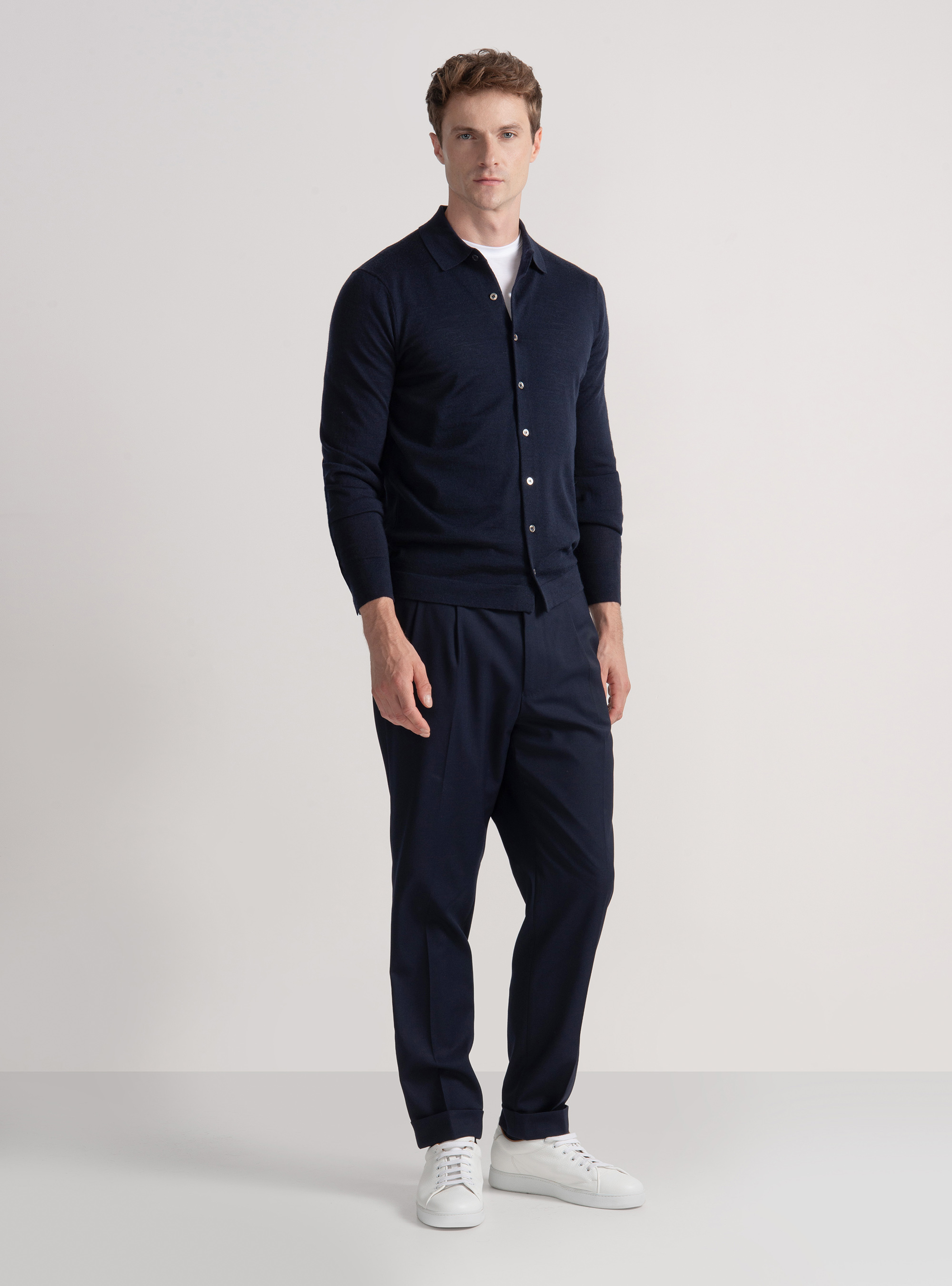 Polo camicia in maglia lana merino extrafine, BLU NAVY