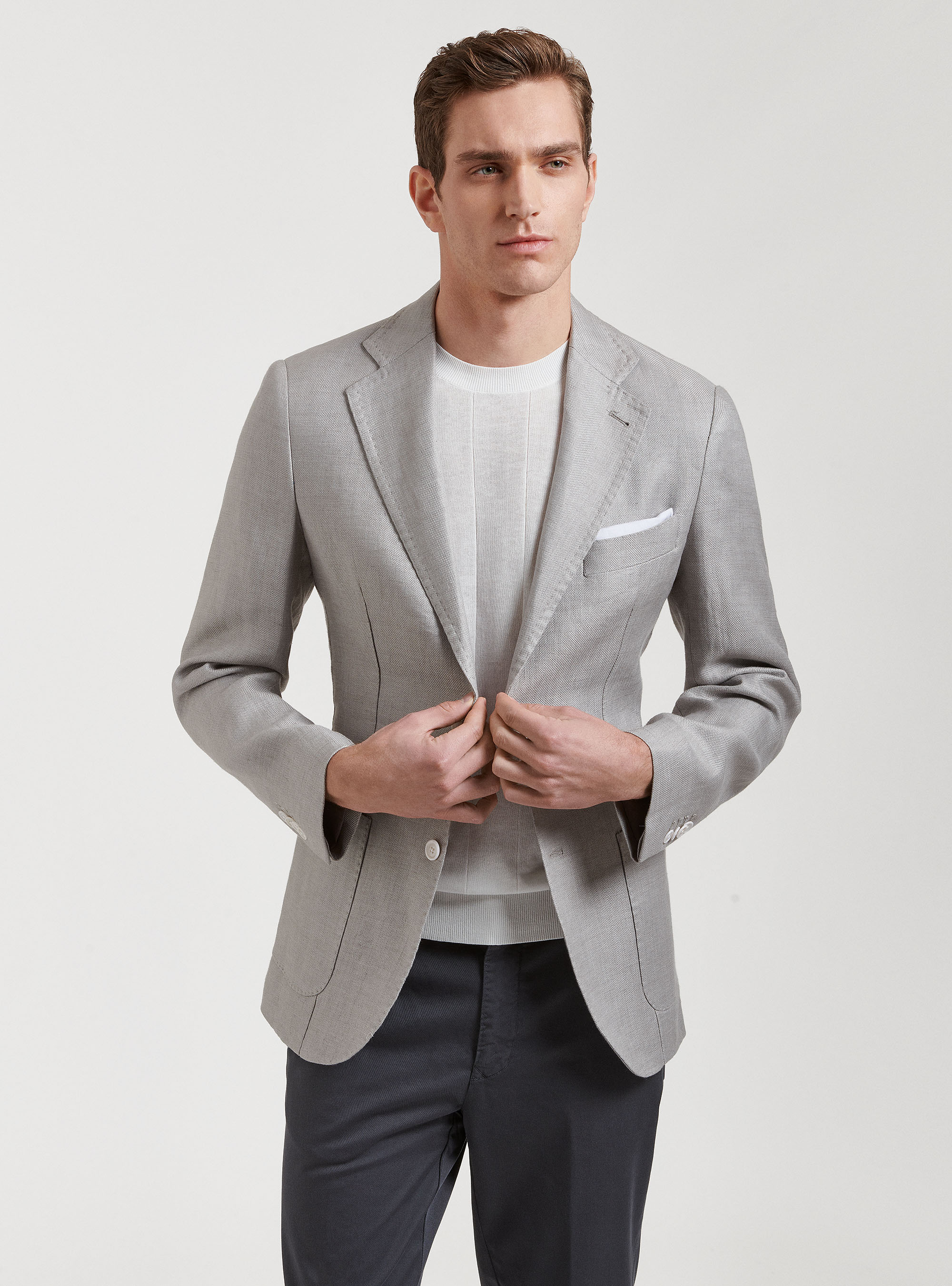Gutteridge - Pure linen hopsack blazer, Unisex, Light Grey Melange, Size: 44