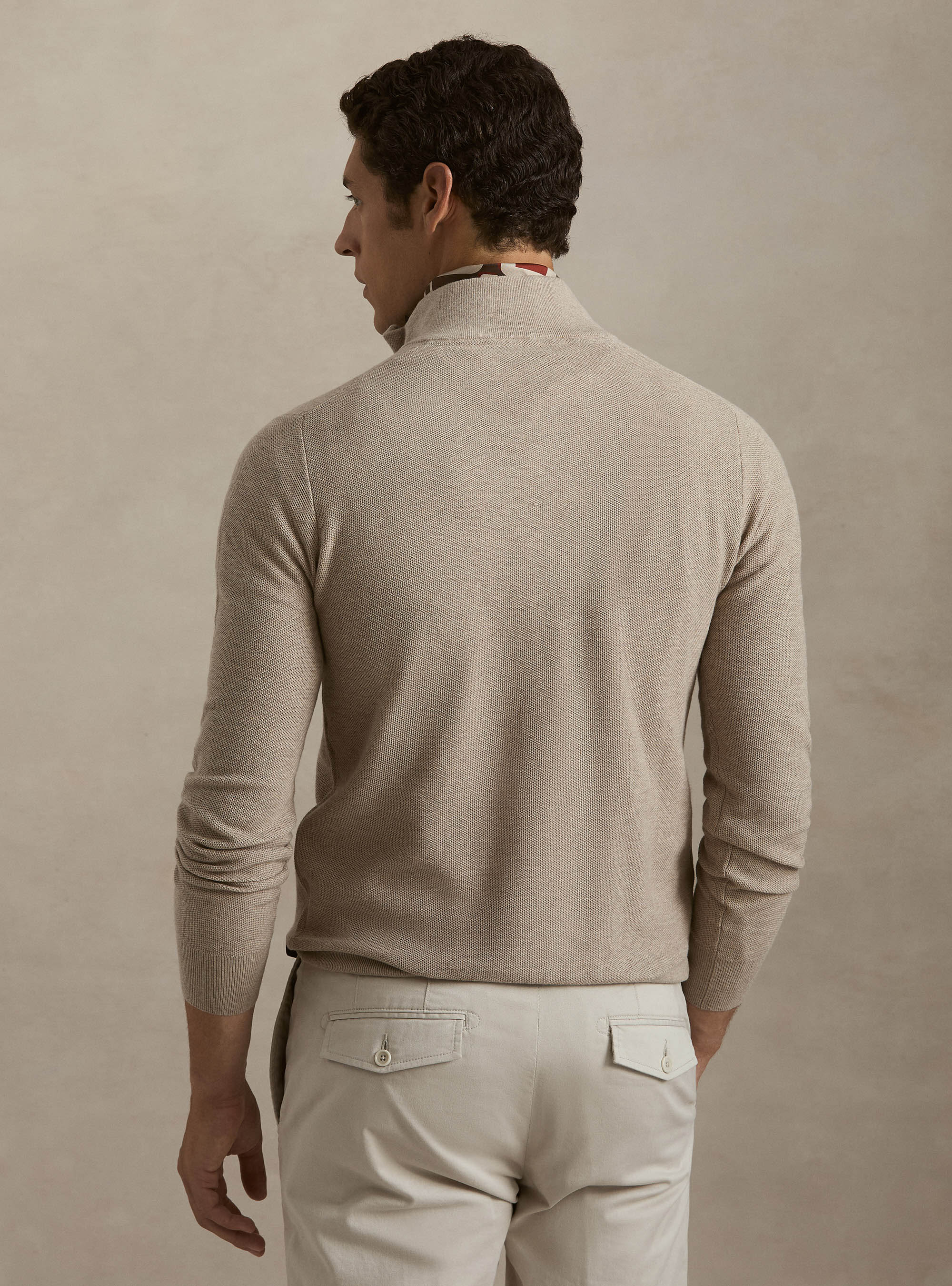 Maglia con mezza zip nido d'ape in cotone cashmere, CRUDO