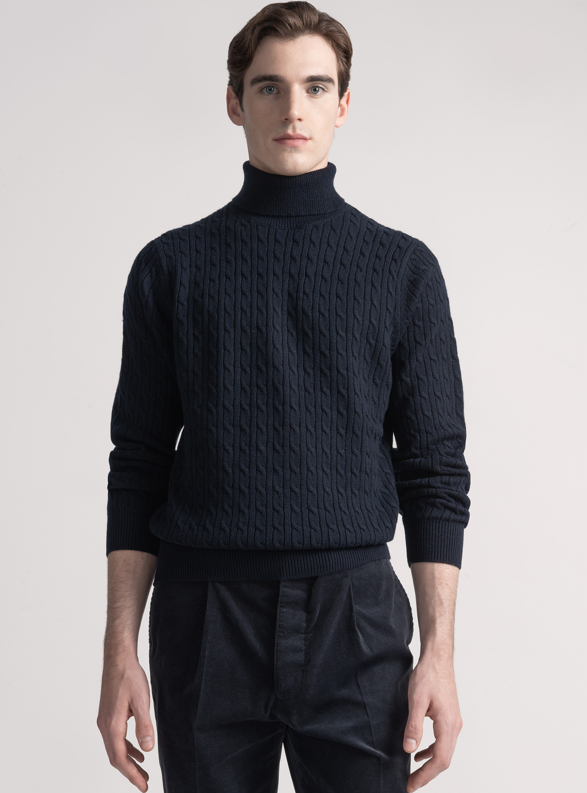 Wool-blend turtleneck sweater with braid, NAVY BLUE