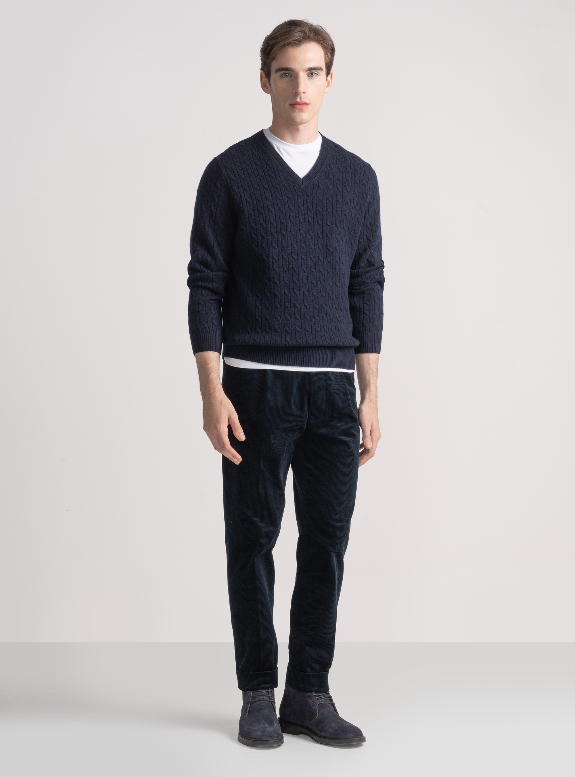 Merino wool V-neck sweater with braid, NAVY BLUE