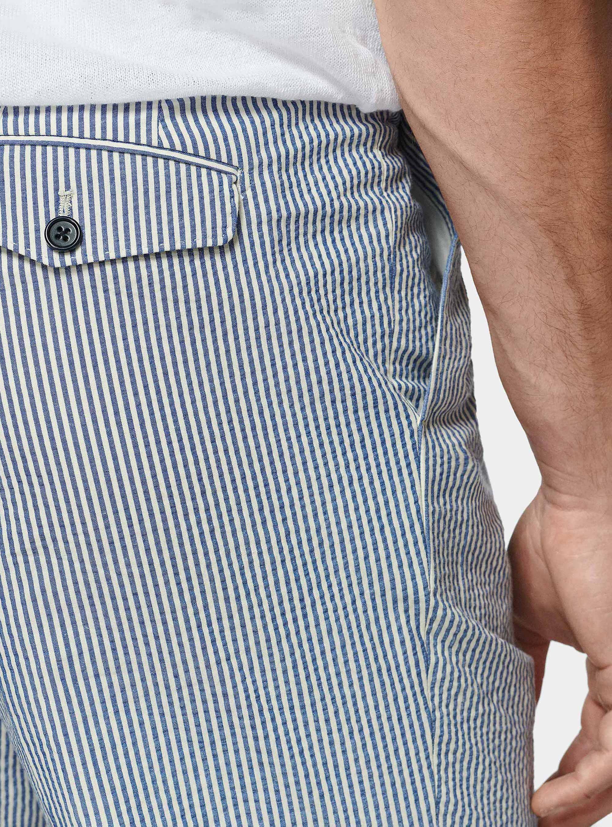 Double pleat cotton seersucker trousers, BLUE