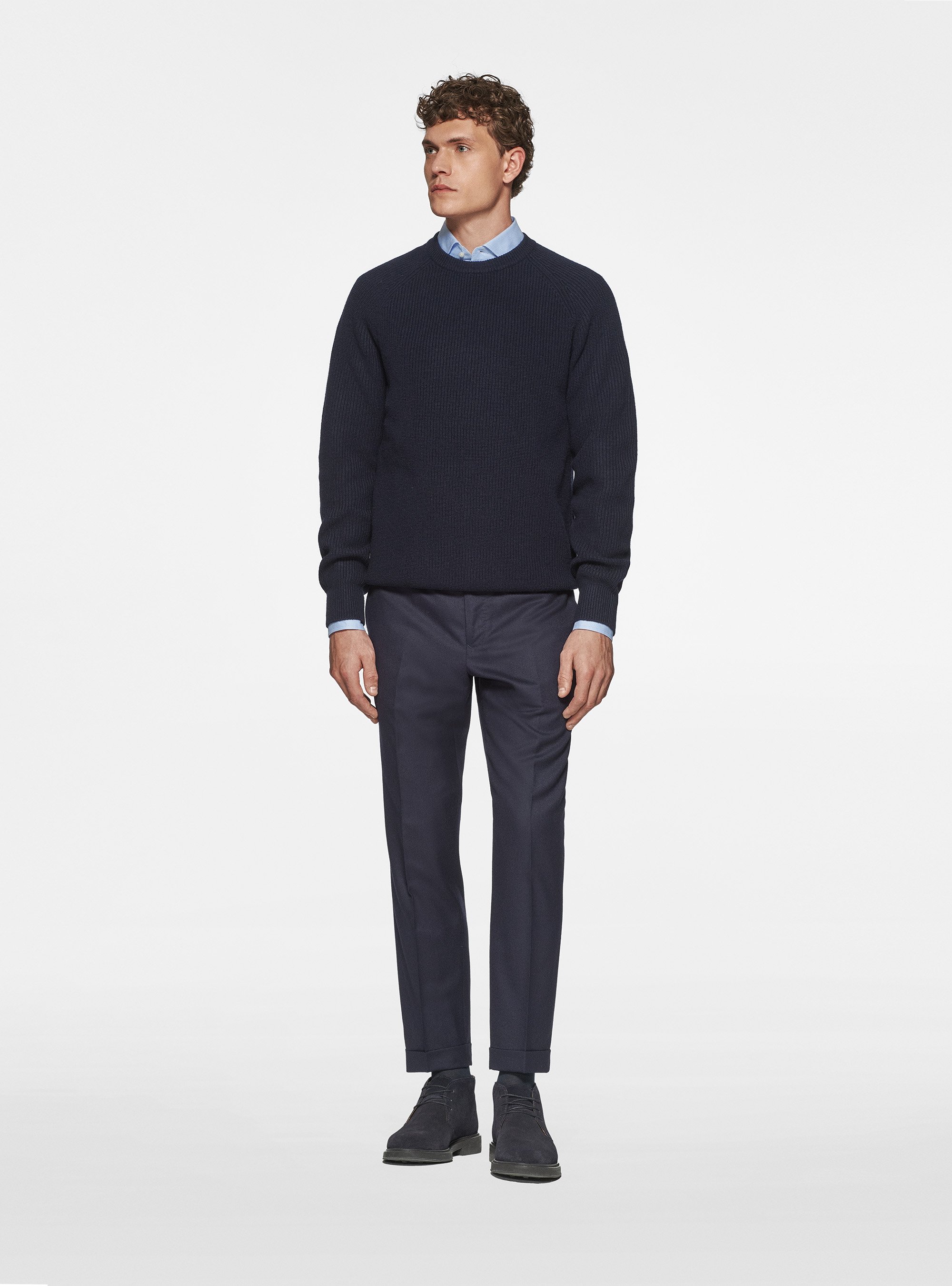 Maglia girocollo in lana merino costa perlata, BLU NAVY