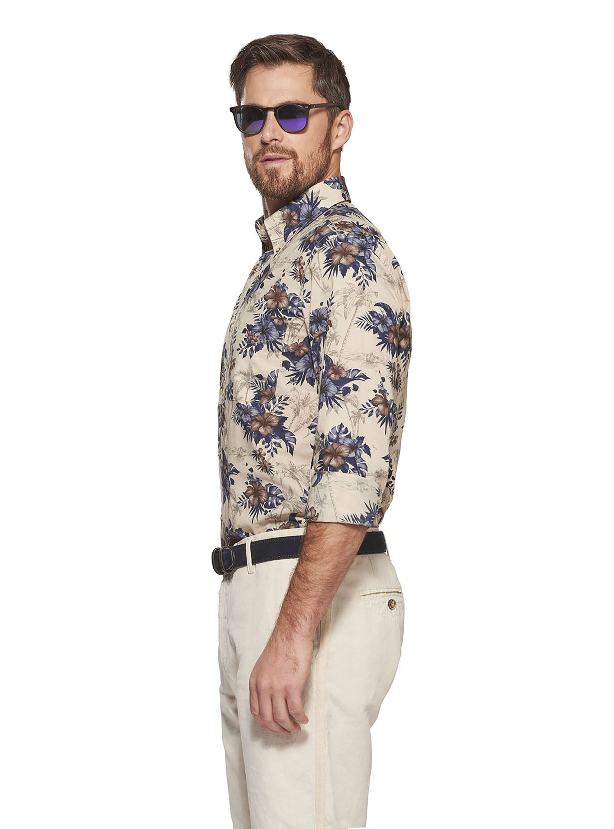 Flower printed cotton button-down collar shirt, ECRU