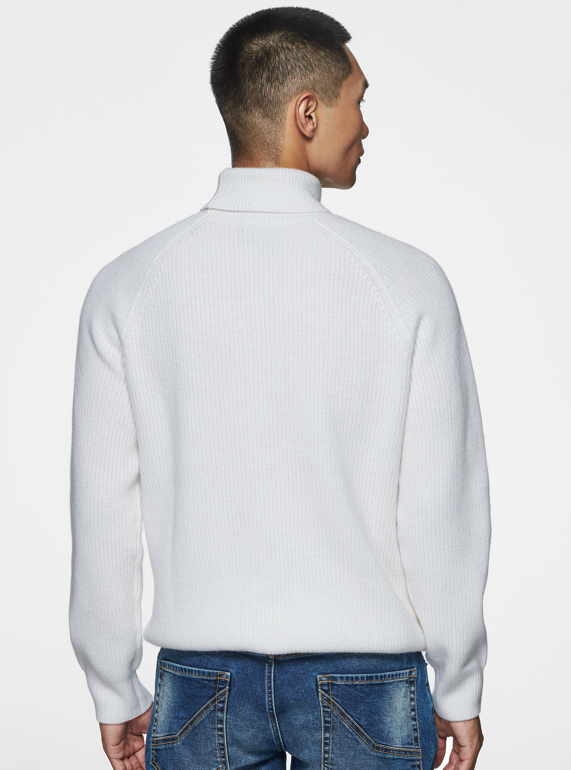 Maglia collo alto a costa perlata in lana merino, BIANCO