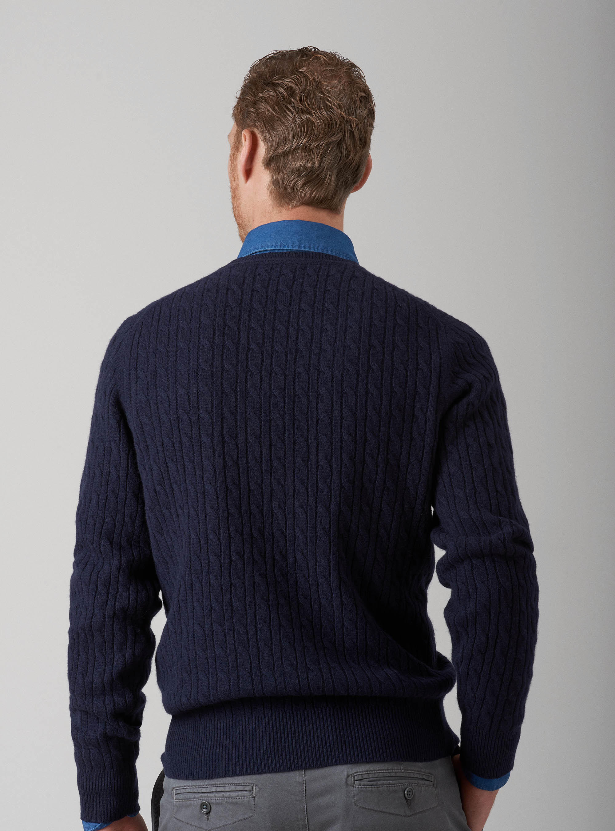 Maglia girocollo in lana lambswool e cashmere con trecce, BLU NAVY