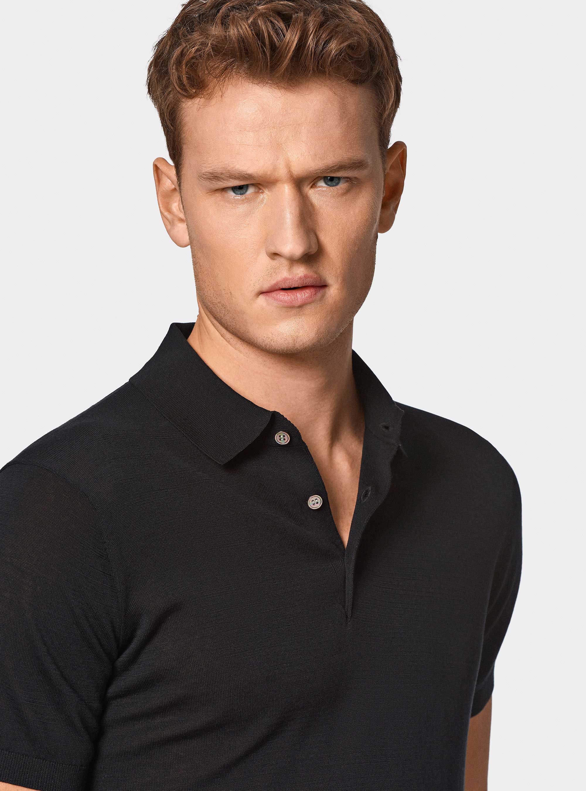 Maglia a polo in cotone e seta, NERO
