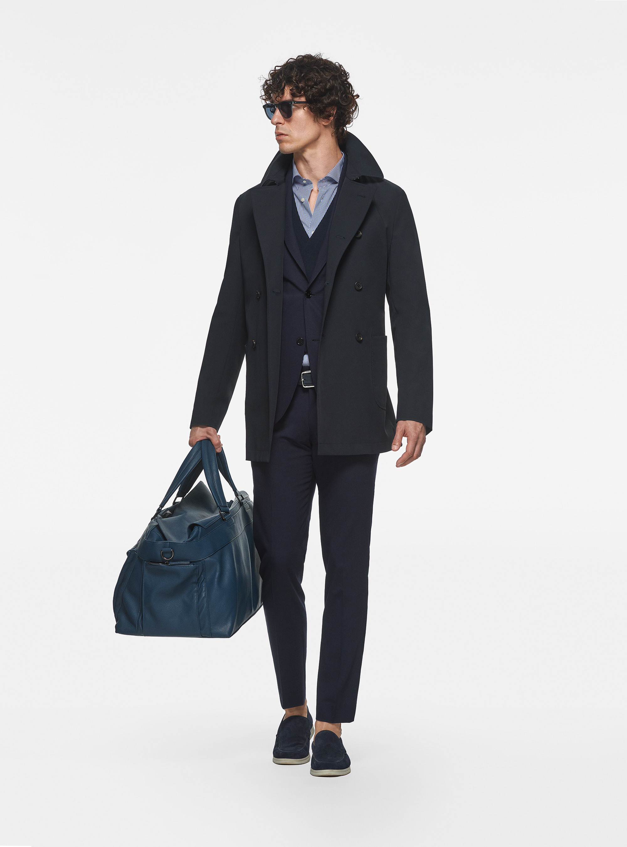 Impermeabile doppiopetto in tessuto tecnico, BLU NAVY