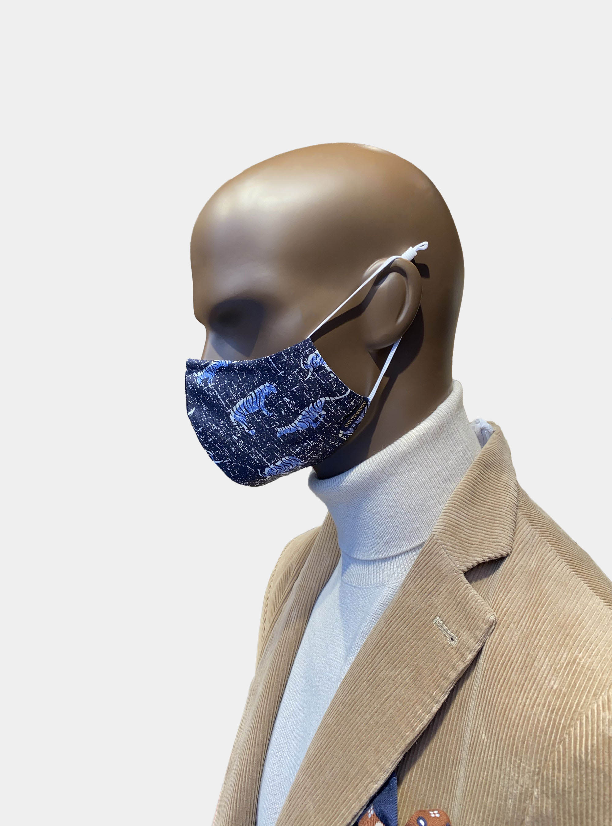 Silk mask cover in safari pattern, NAVY BLUE