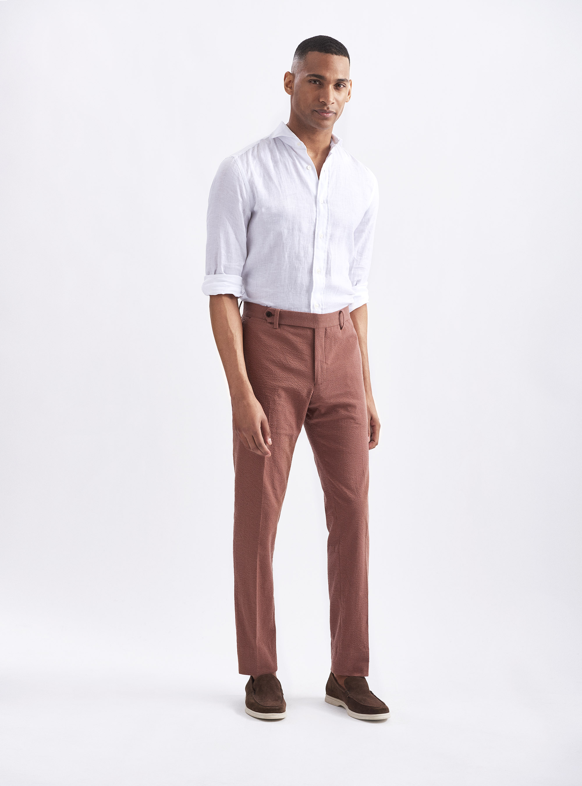 Pantaloni per abito seersucker in cotone stretch, TABACCO