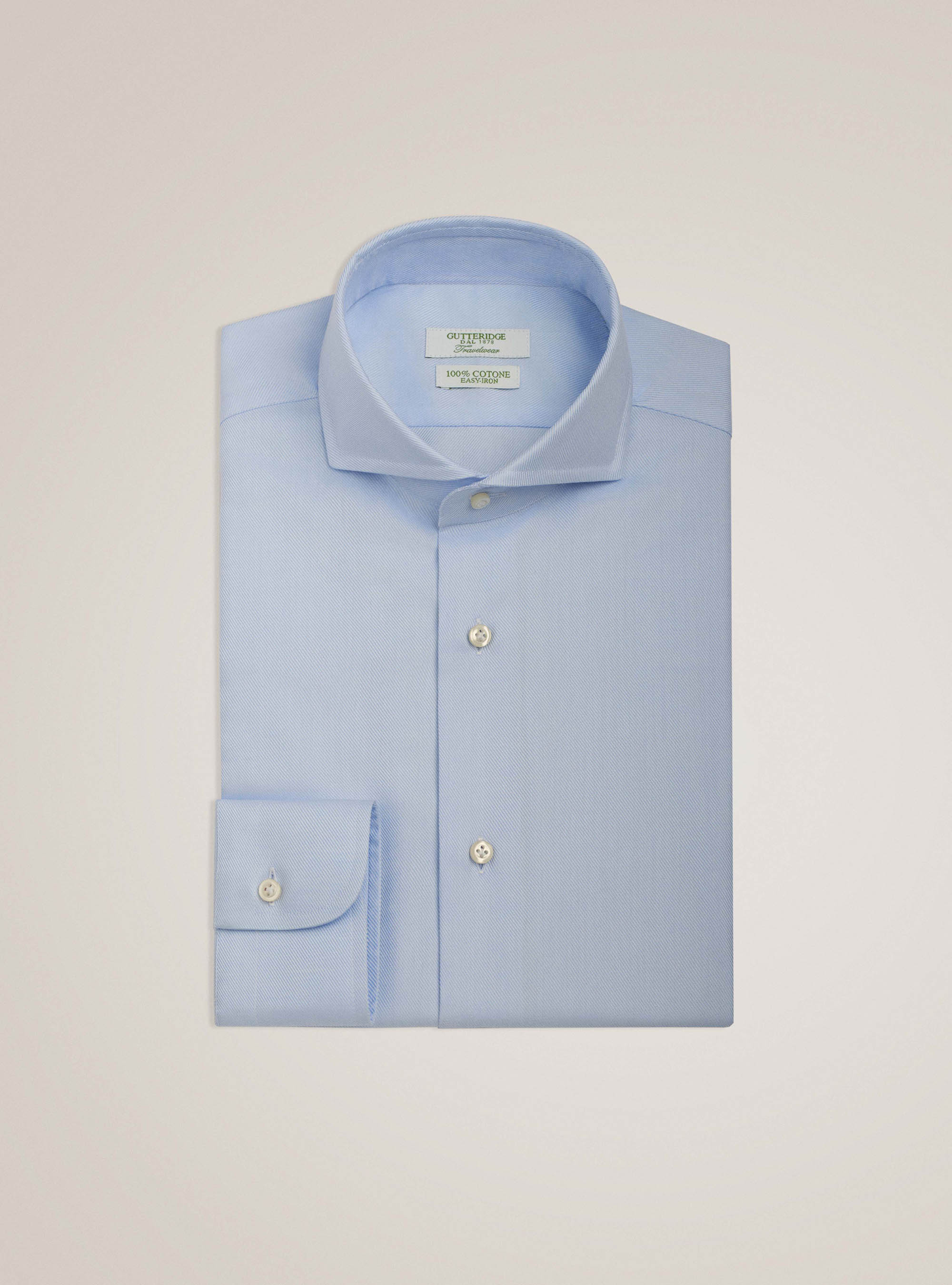 Camisa travel con cuello franc&eacute;s en sarga de algod&oacute;n, CELESTE