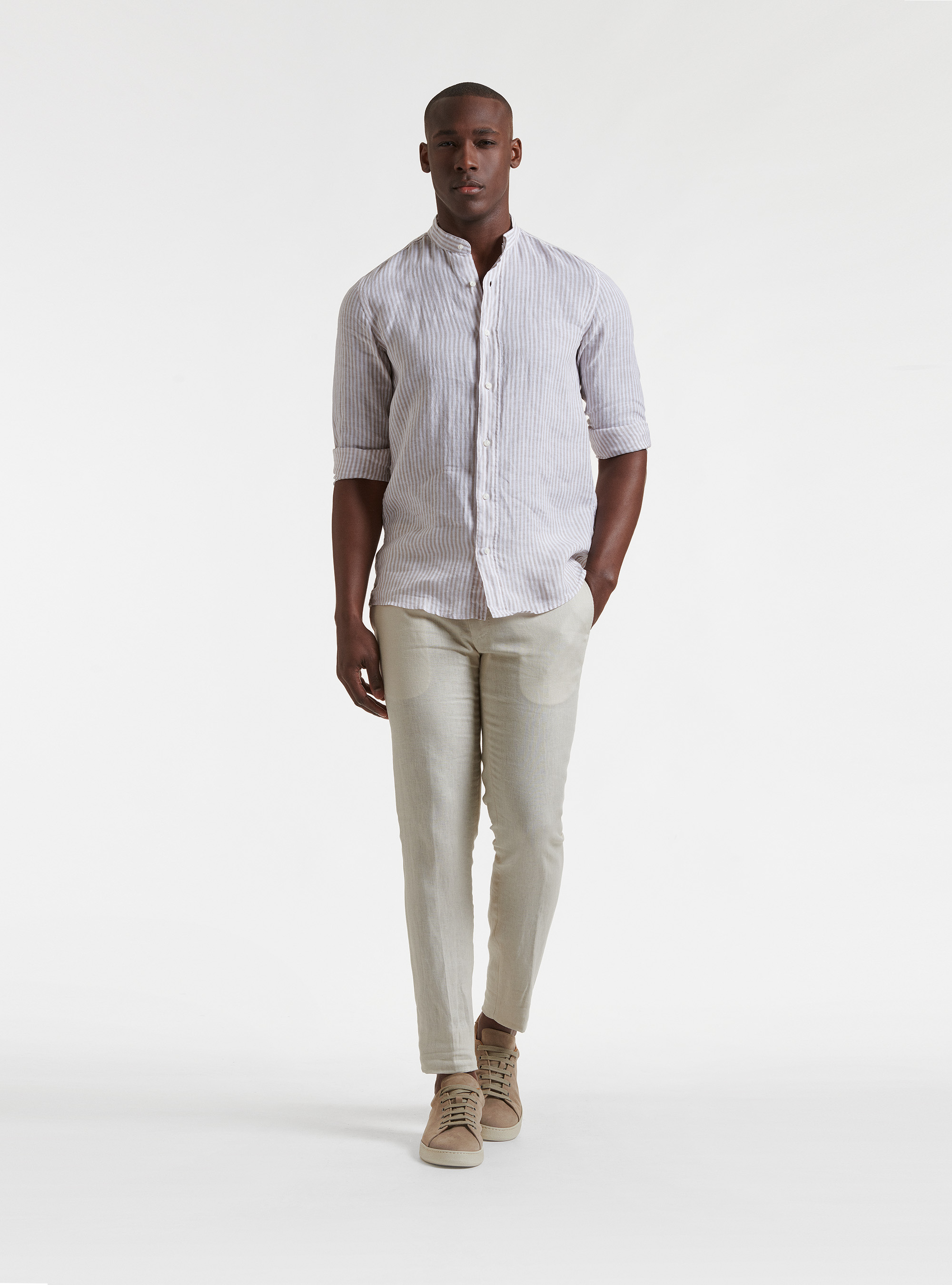 Korean collar shirt in pure linen striped, SAND