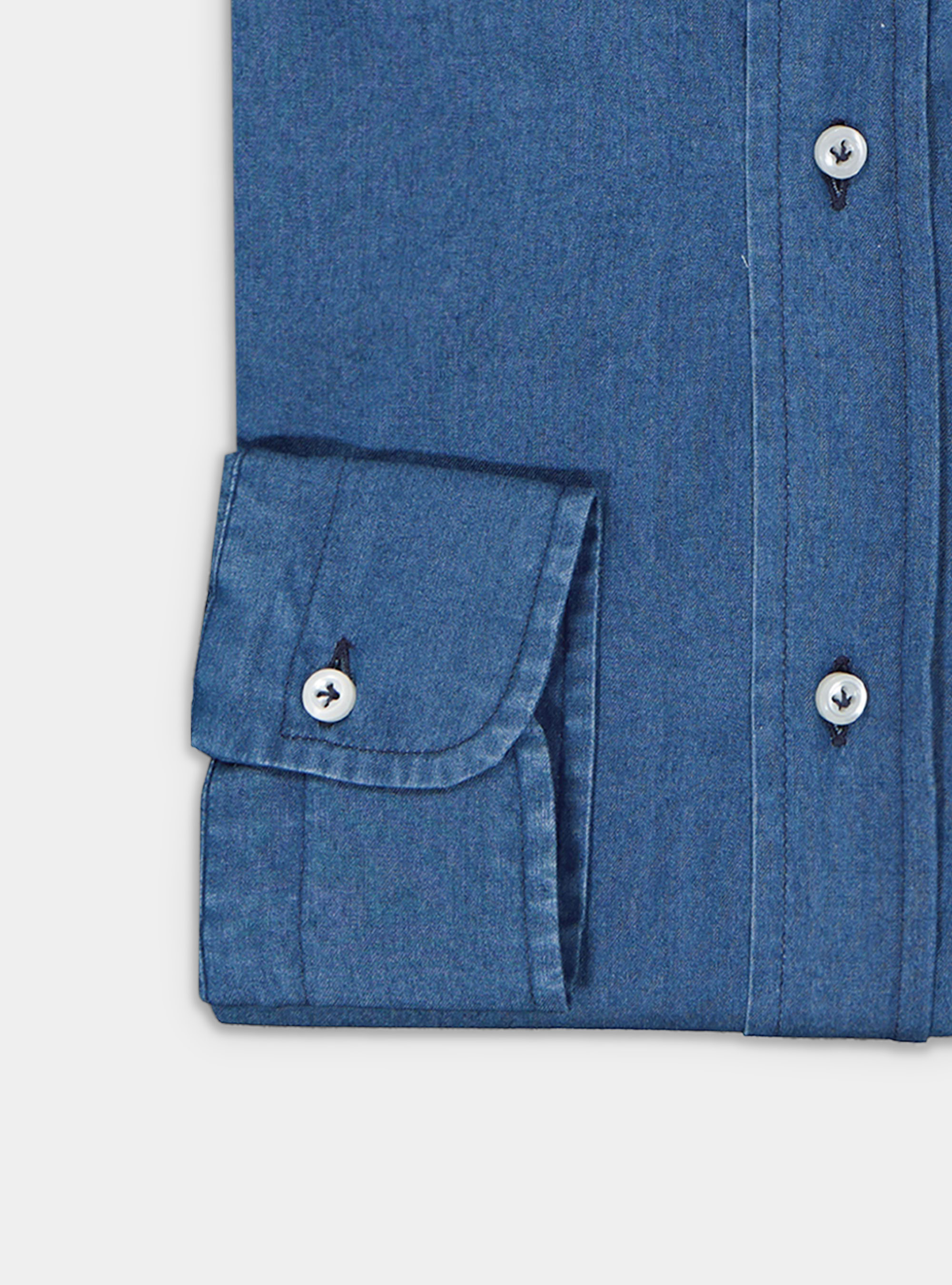 Camicia collo francese in denim indaco, BLU NAVY