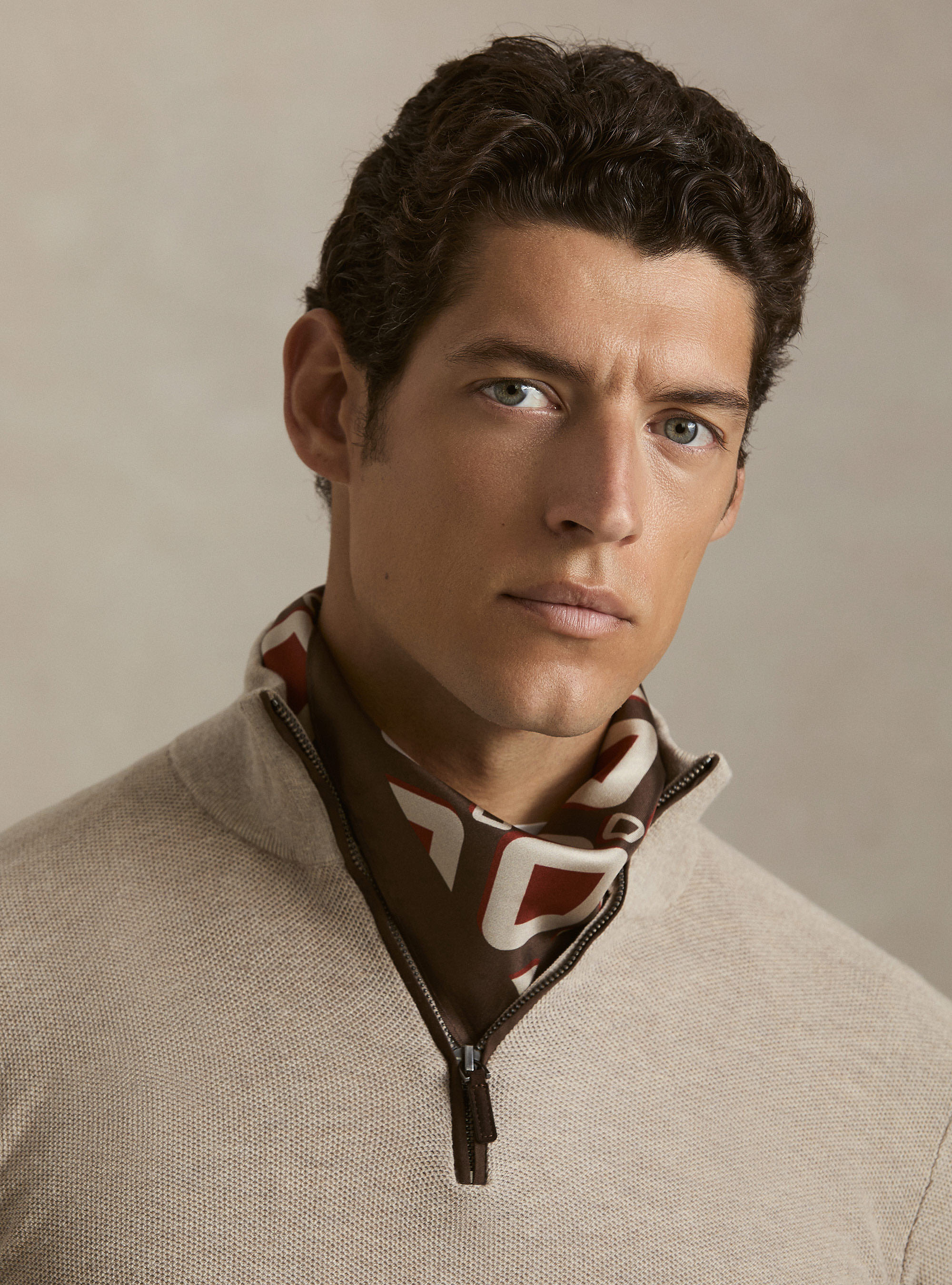 Maglia con mezza zip nido d'ape in cotone cashmere, CRUDO