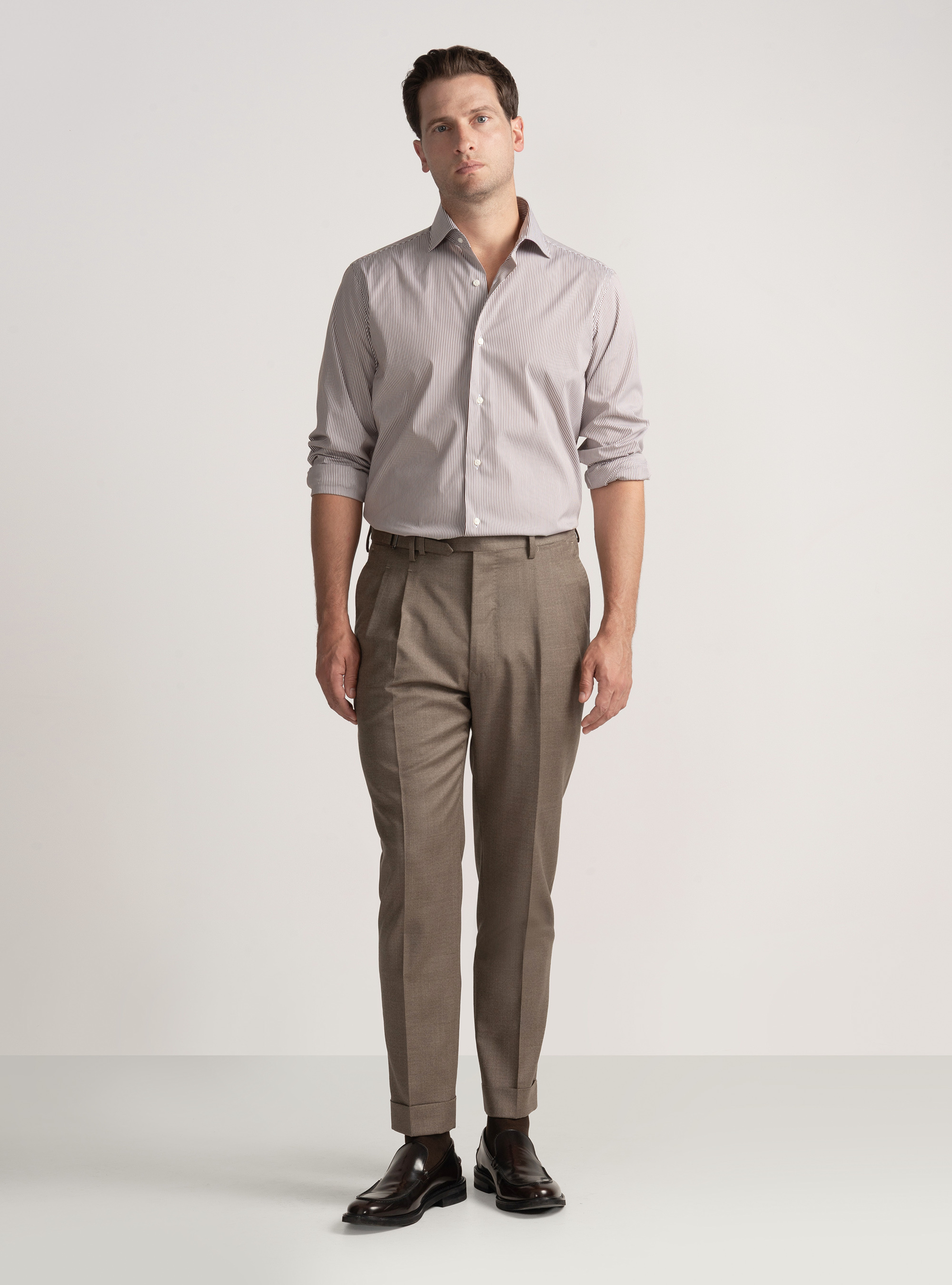 Camicia in cotone rigato popeline stretch, MARRONE