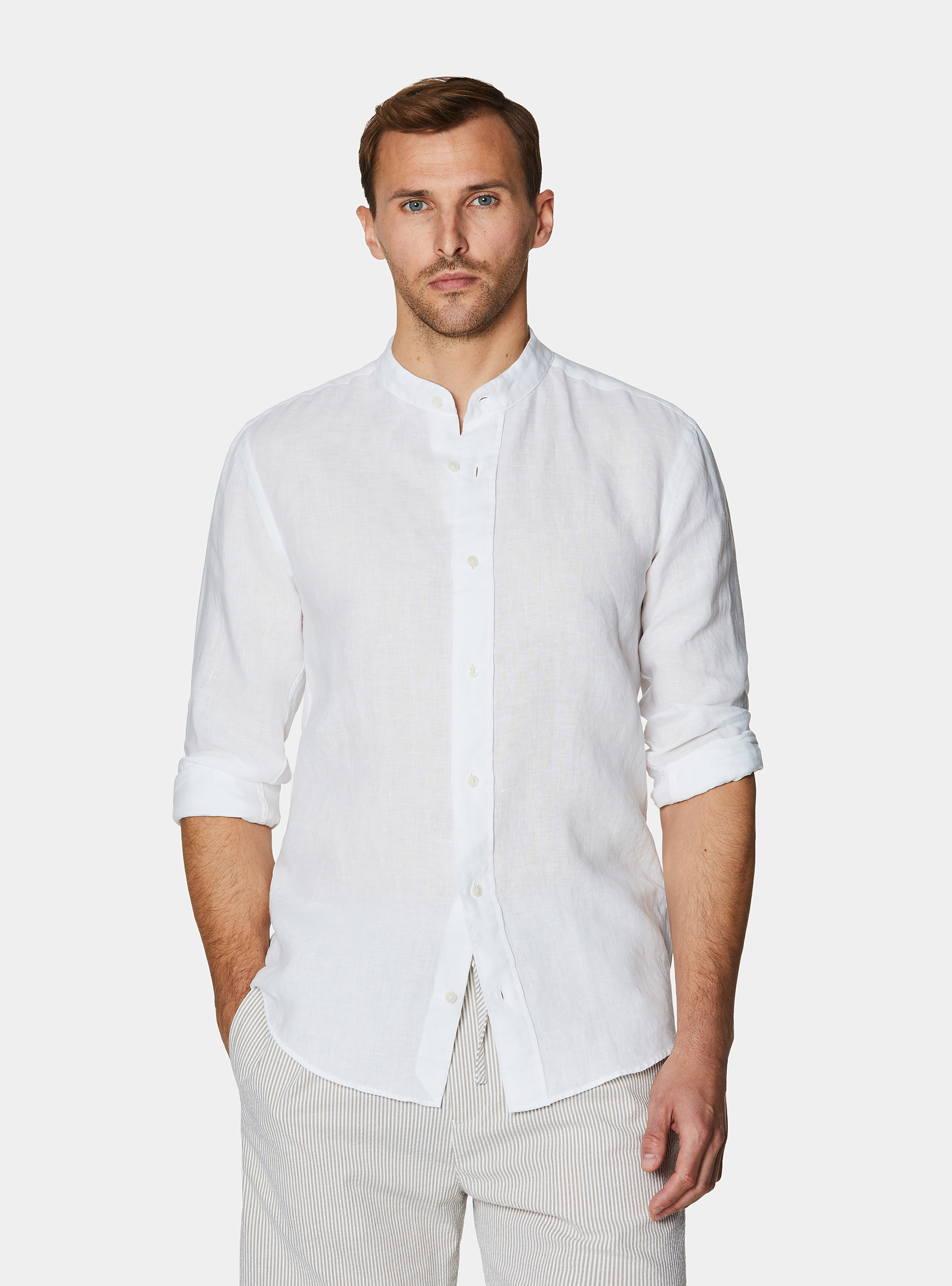 Camicia coreana in puro lino, BIANCO