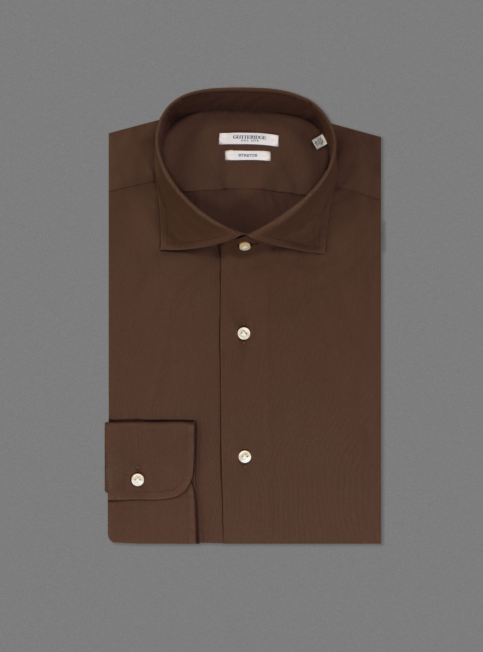 Camicia collo semiaperto in popeline stretch, MARRONE