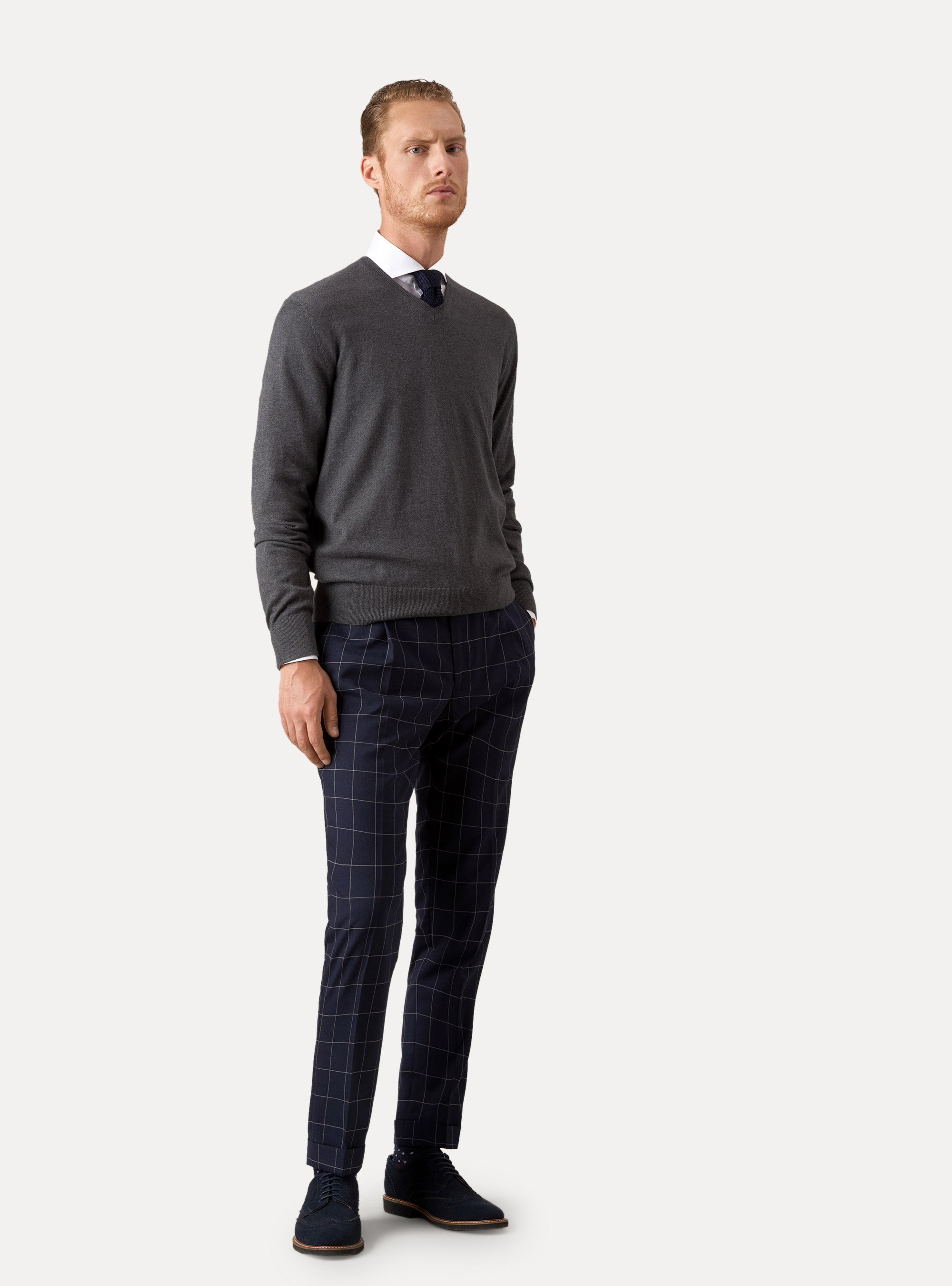 Pullover mit V-Ausschnitt aus Baumwolle, Seide und Kaschmir, ASFALTO 0115C