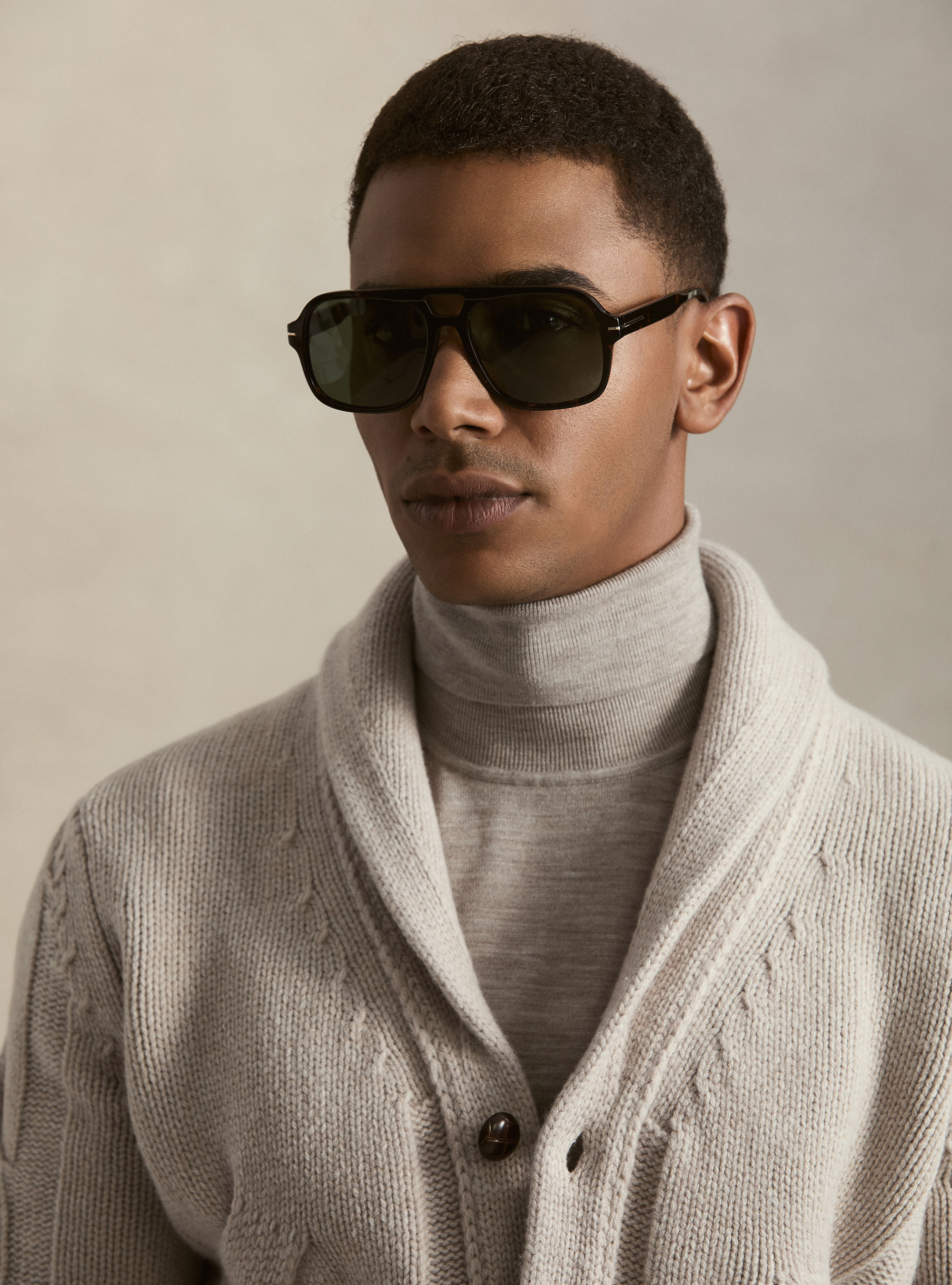 Cable-knit shawl collar lambswool-cashmere cardigan, ECRU