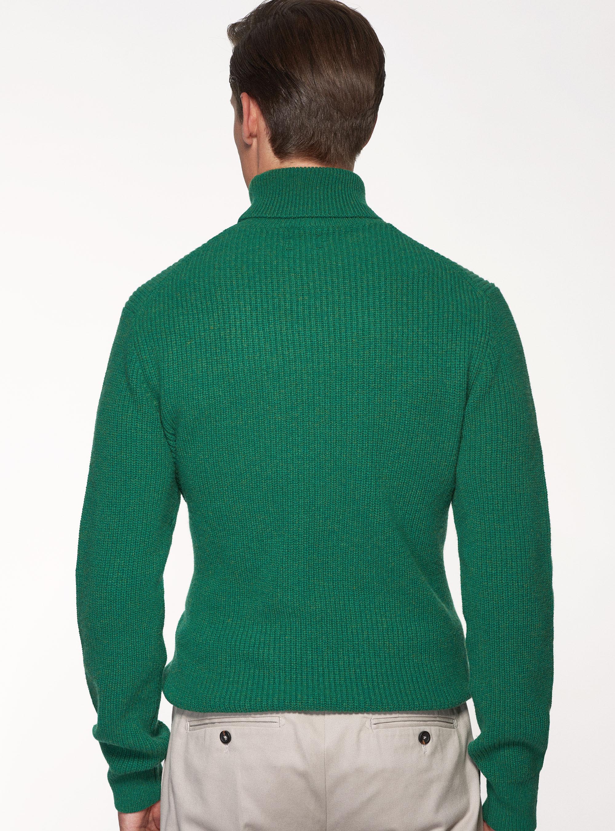 Maglia collo alto di lana lambswool in costa perlata, OLIVA