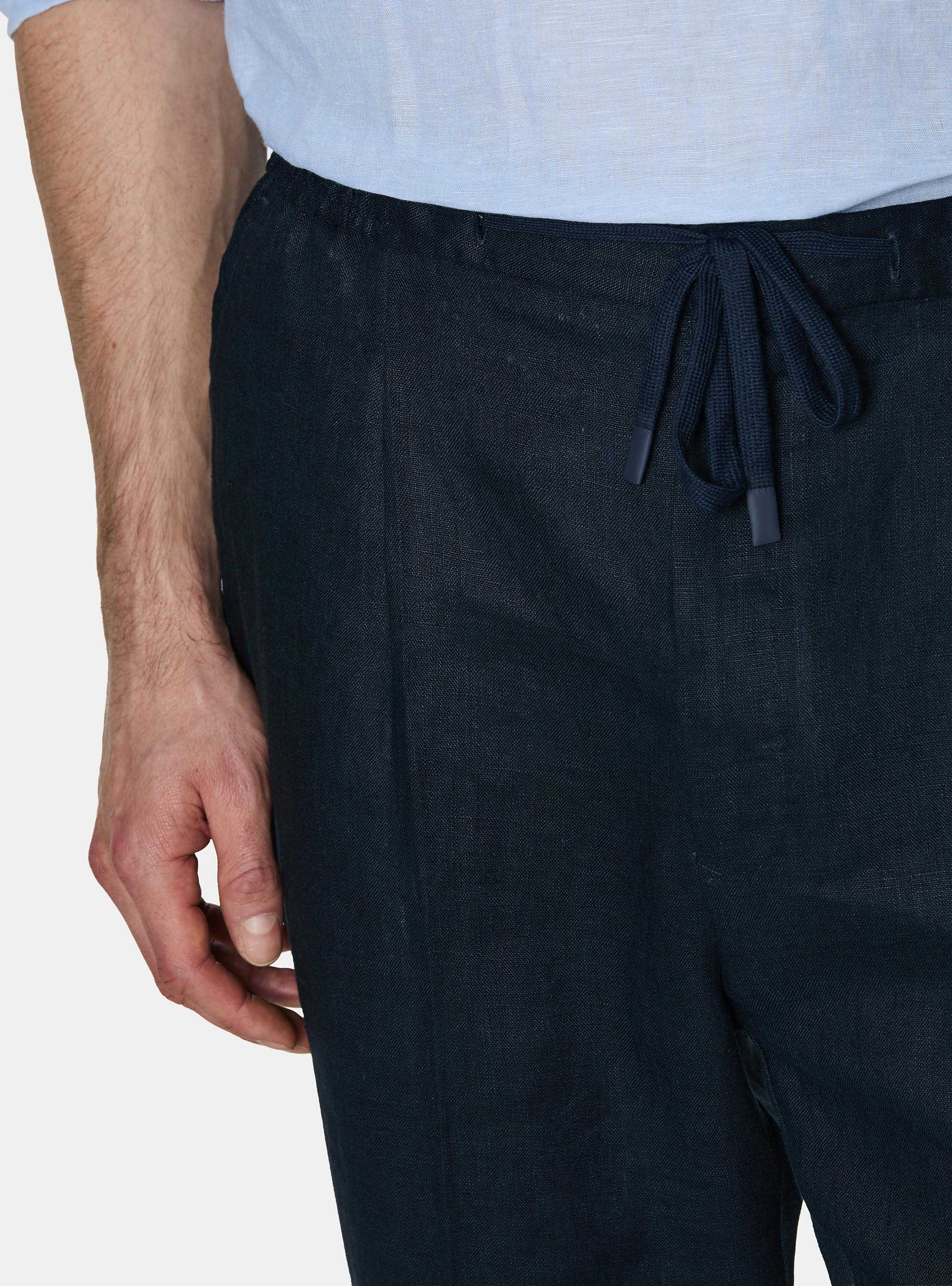 Pantaloni in puro lino con pince e coulisse, BLU NAVY