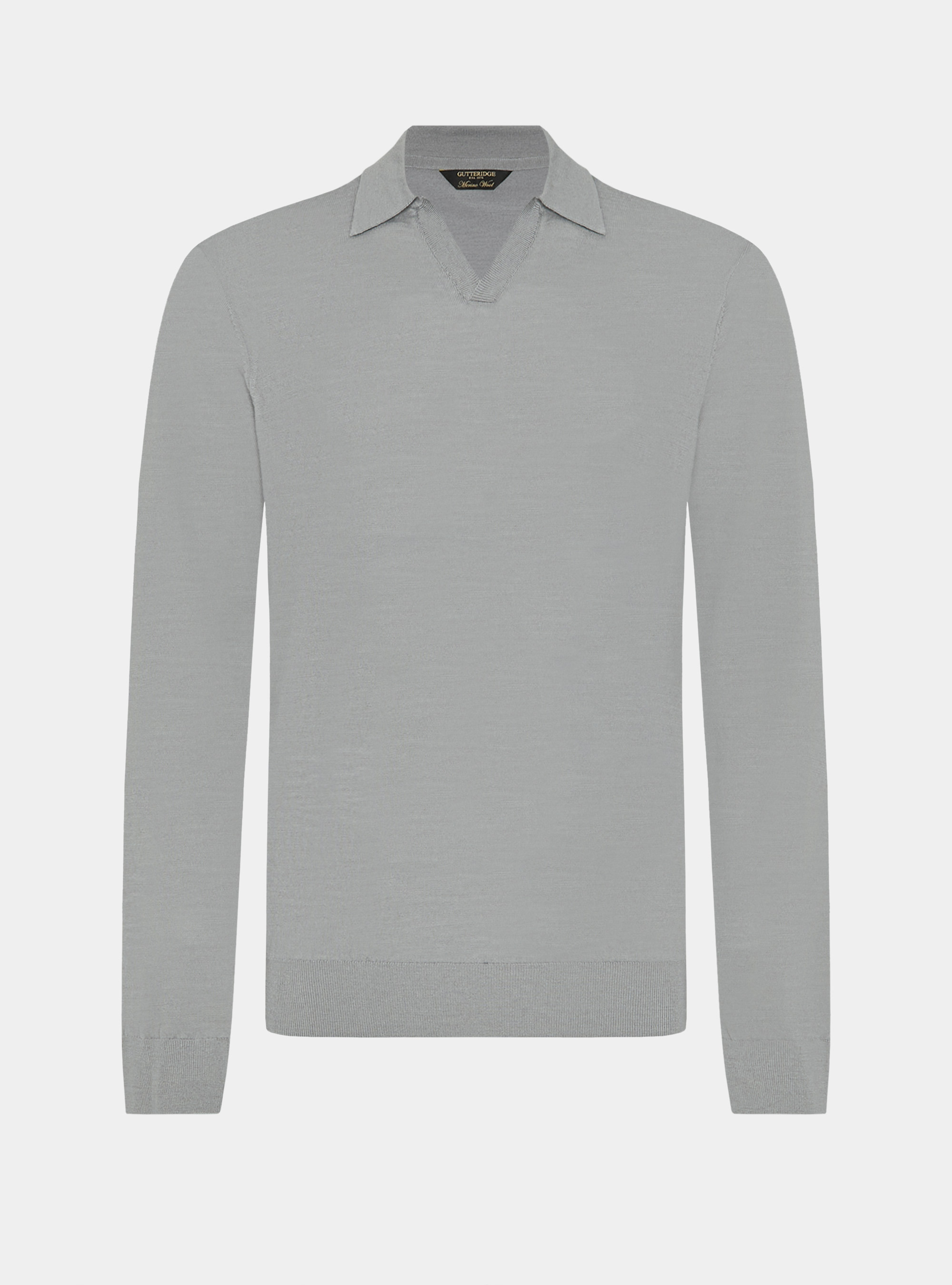 Polo in maglia senza bottoni in lana merino, GRIGIO CHIARO